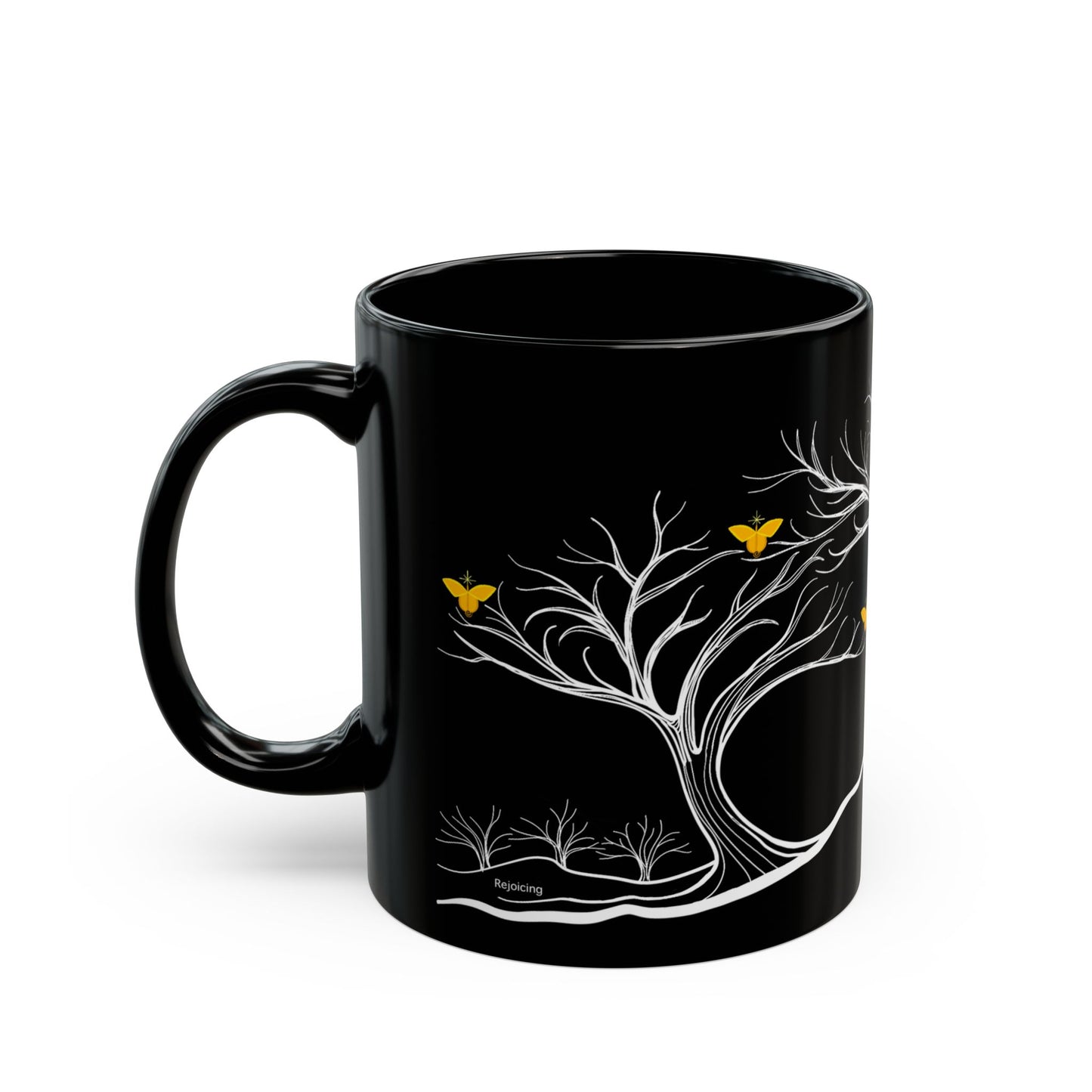 "Rejoicing", IMAGINE™ Series, Hand-Drawn Art Print, Black Ceramic Mug—3 of 7 Butterfly Graces Collection—15 oz or 11 oz