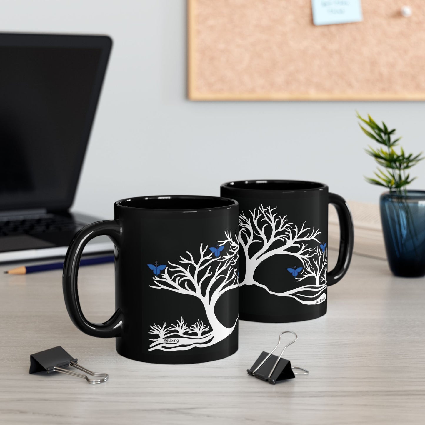"Relaxing", IMAGINE™ Series, Hand-Drawn Art Print, Black Ceramic Mug—6 of 7 Butterfly Graces Collection—15 oz or 11 oz