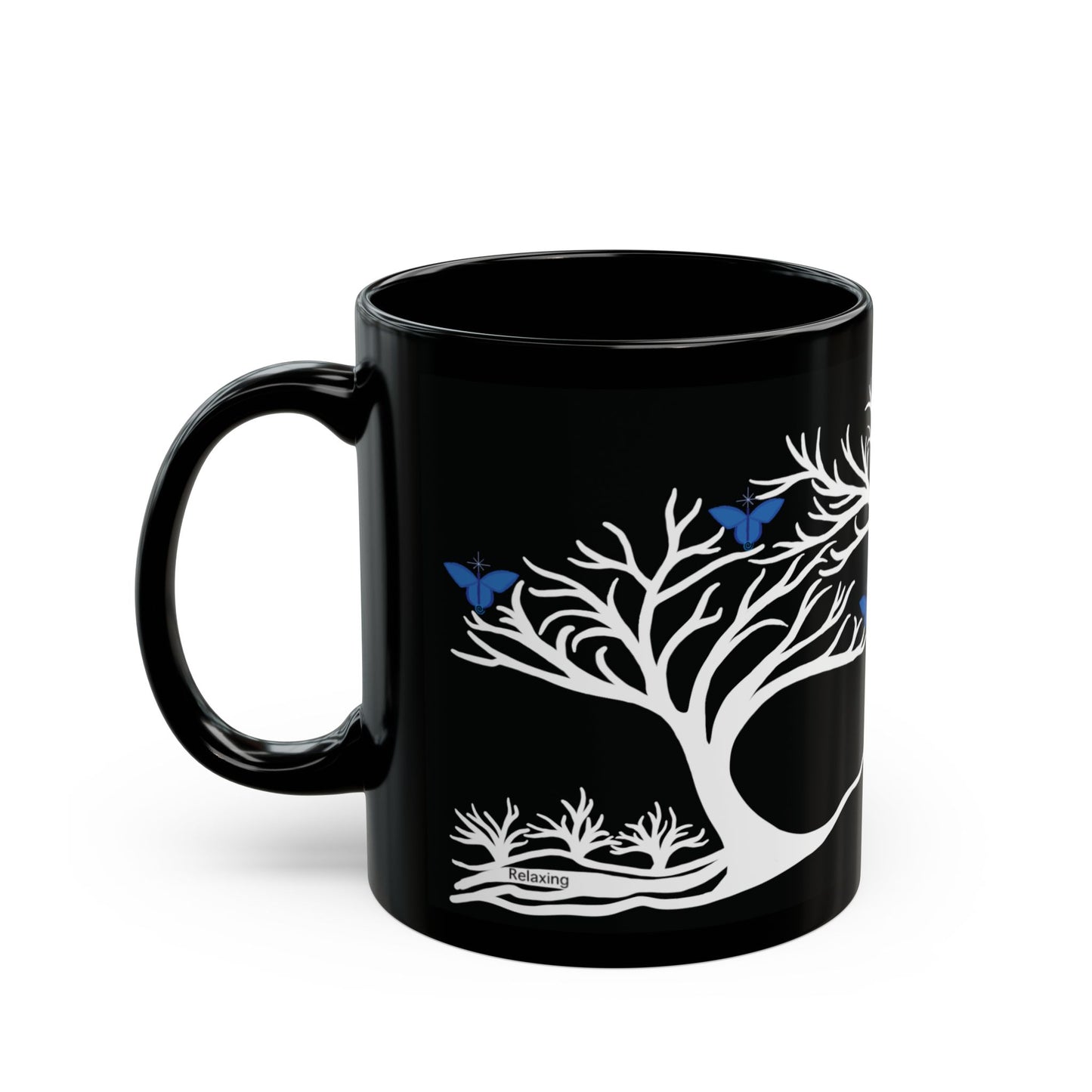 "Relaxing", IMAGINE™ Series, Hand-Drawn Art Print, Black Ceramic Mug—6 of 7 Butterfly Graces Collection—15 oz or 11 oz