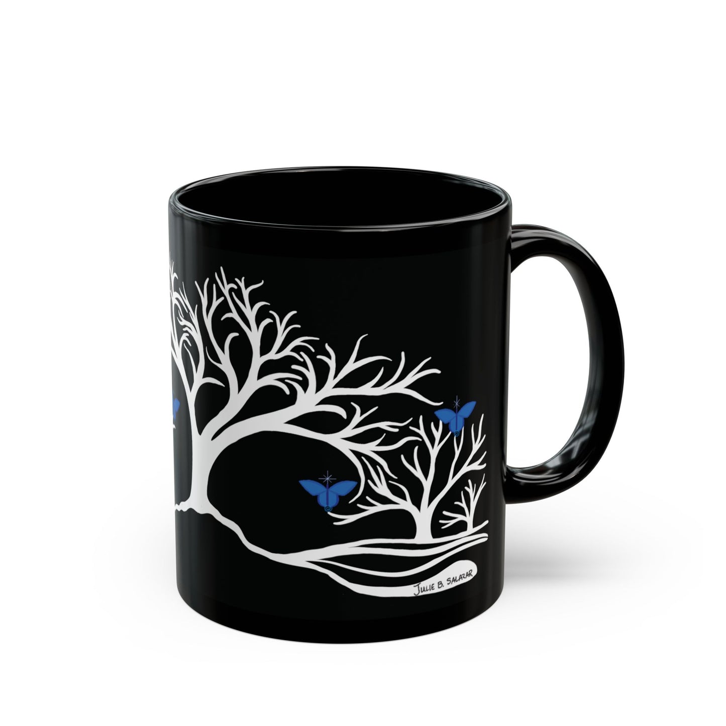 "Relaxing", IMAGINE™ Series, Hand-Drawn Art Print, Black Ceramic Mug—6 of 7 Butterfly Graces Collection—15 oz or 11 oz