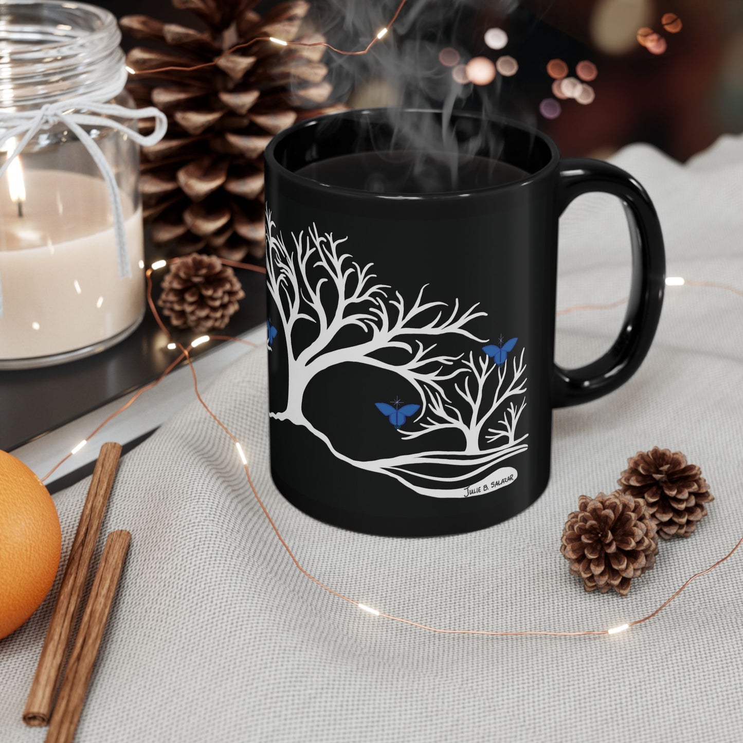 "Relaxing", IMAGINE™ Series, Hand-Drawn Art Print, Black Ceramic Mug—6 of 7 Butterfly Graces Collection—15 oz or 11 oz