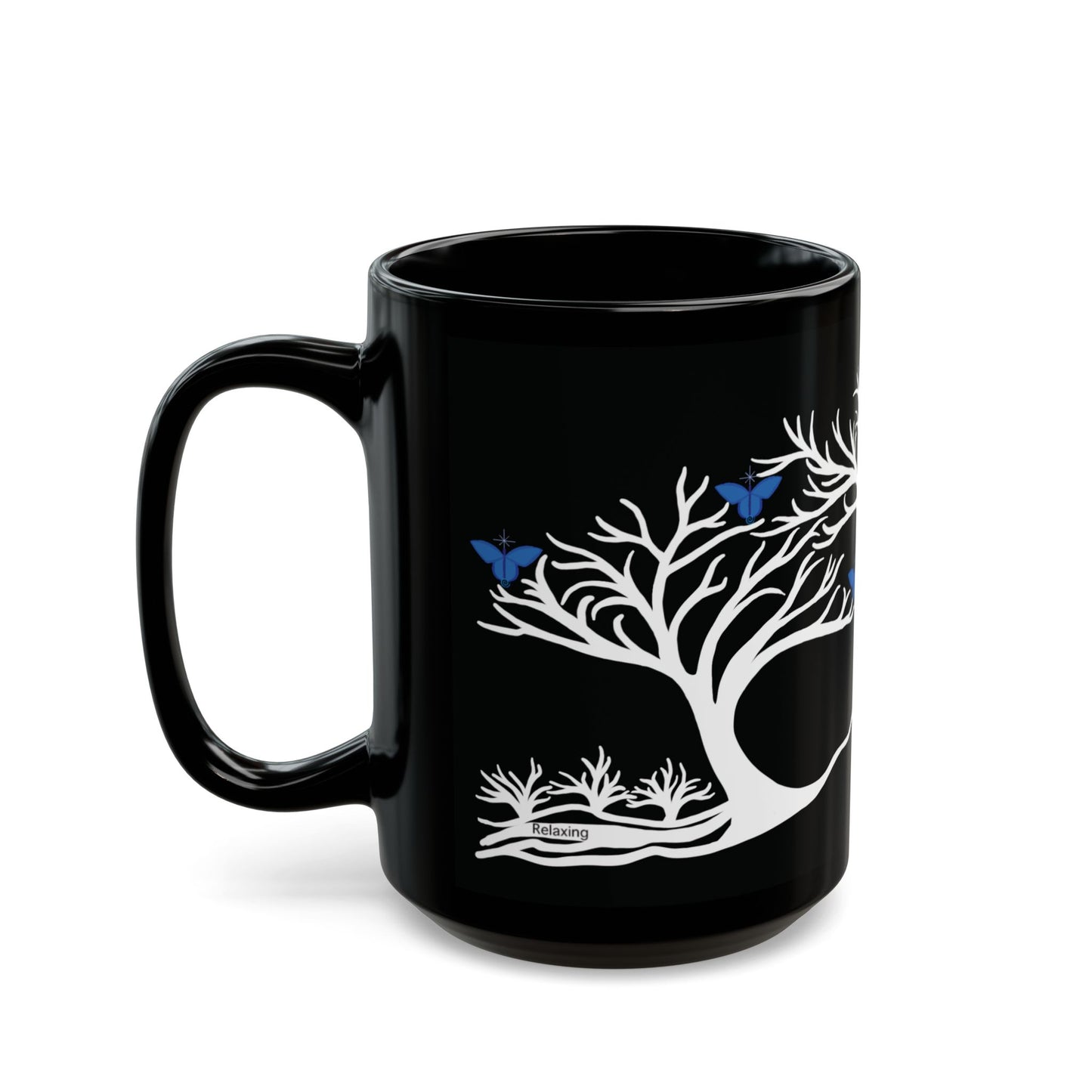 "Relaxing", IMAGINE™ Series, Hand-Drawn Art Print, Black Ceramic Mug—6 of 7 Butterfly Graces Collection—15 oz or 11 oz