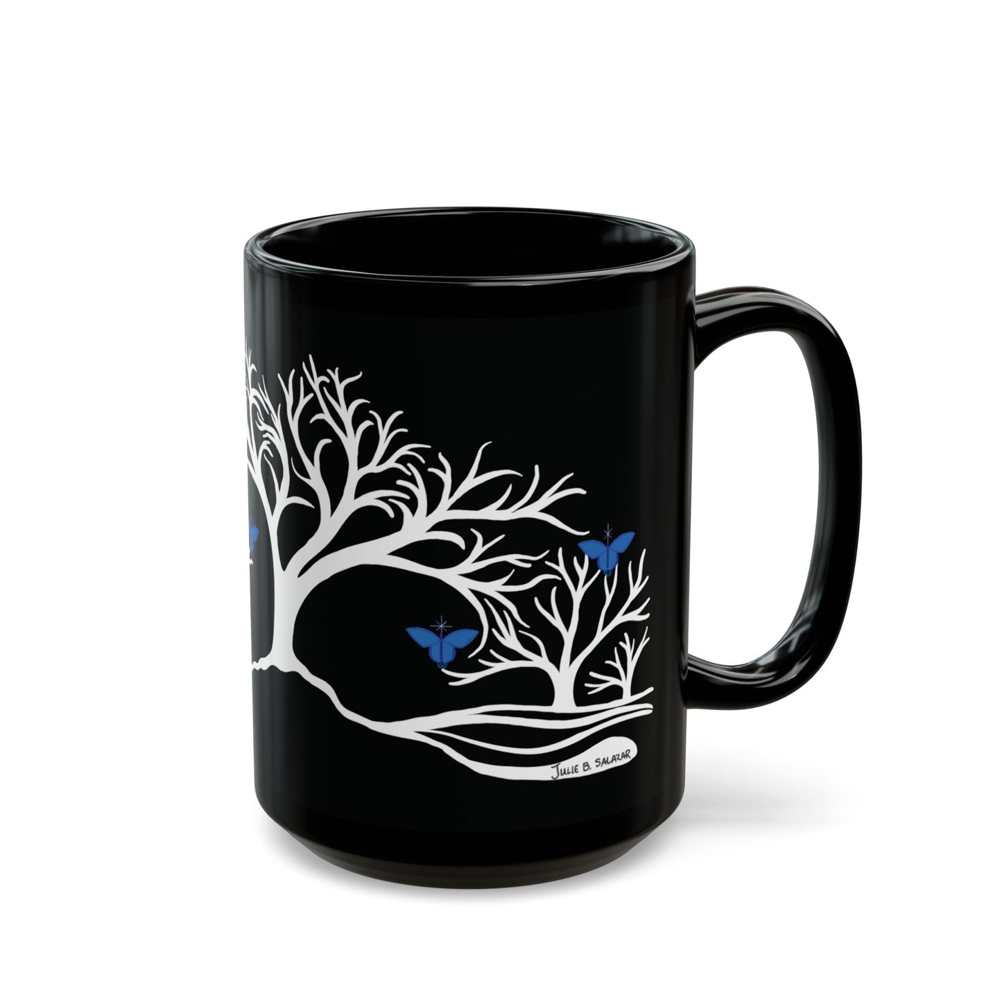 "Relaxing", IMAGINE™ Series, Hand-Drawn Art Print, Black Ceramic Mug—6 of 7 Butterfly Graces Collection—15 oz or 11 oz
