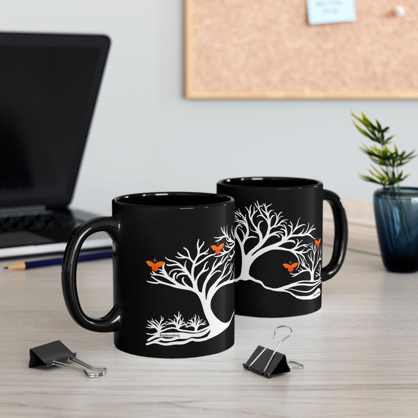 "Replenishing", IMAGINE™ Series, Hand-Drawn Art Print, Black Ceramic Mug—2 of 7 Butterfly Graces Collection—15 oz or 11 oz