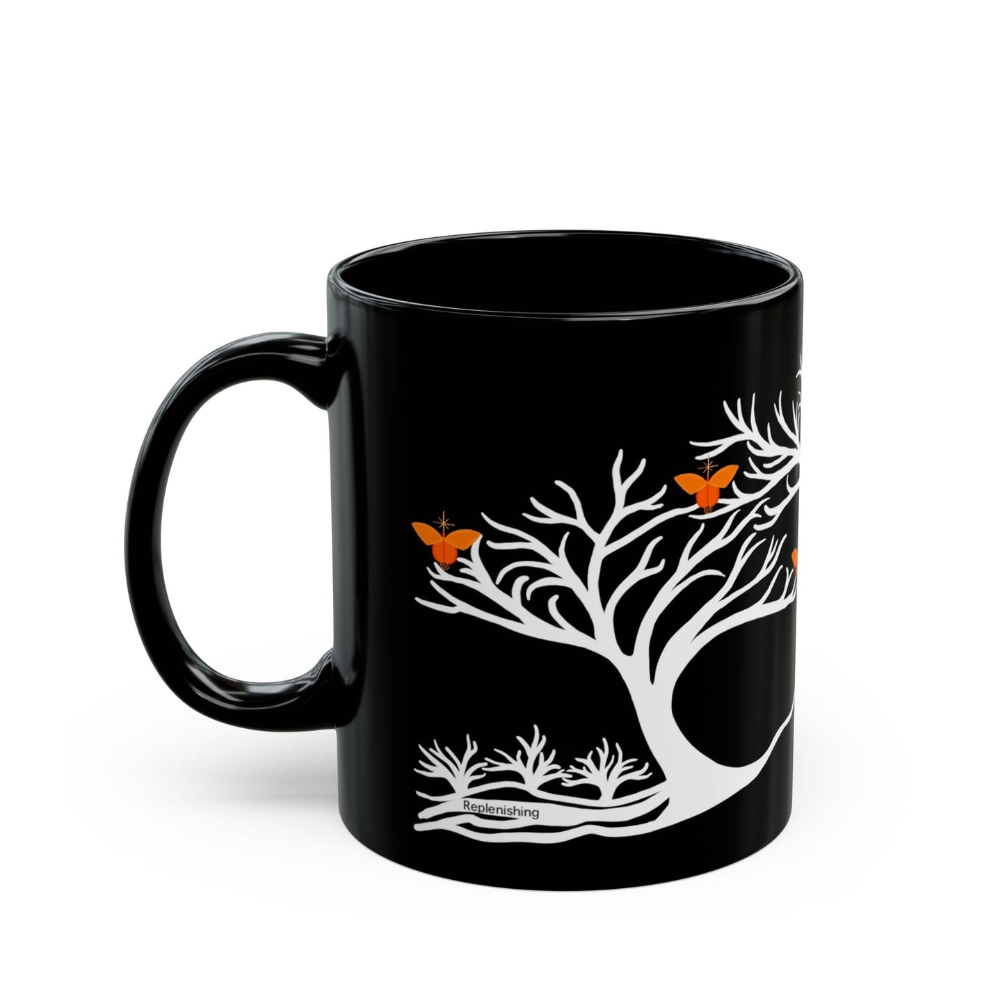 "Replenishing", IMAGINE™ Series, Hand-Drawn Art Print, Black Ceramic Mug—2 of 7 Butterfly Graces Collection—15 oz or 11 oz