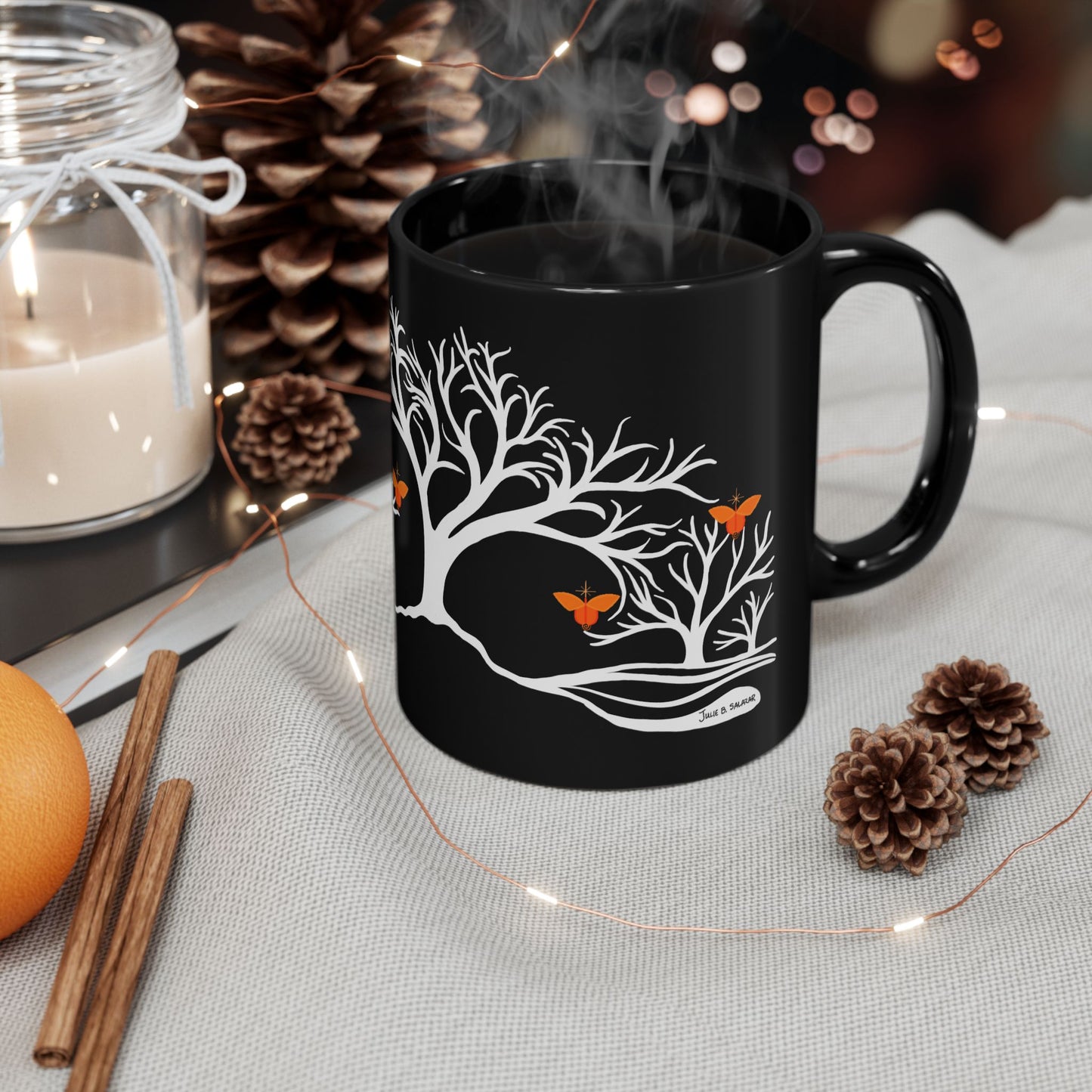"Replenishing", IMAGINE™ Series, Hand-Drawn Art Print, Black Ceramic Mug—2 of 7 Butterfly Graces Collection—15 oz or 11 oz