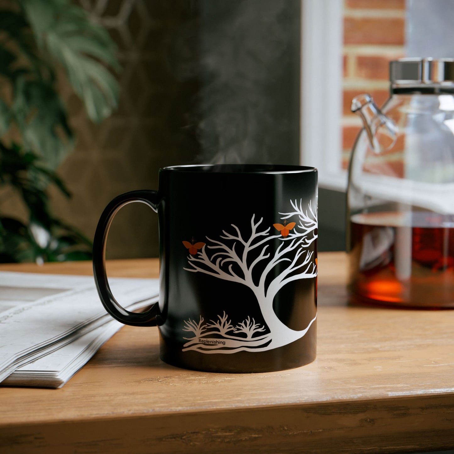 "Replenishing", IMAGINE™ Series, Hand-Drawn Art Print, Black Ceramic Mug—2 of 7 Butterfly Graces Collection—15 oz or 11 oz