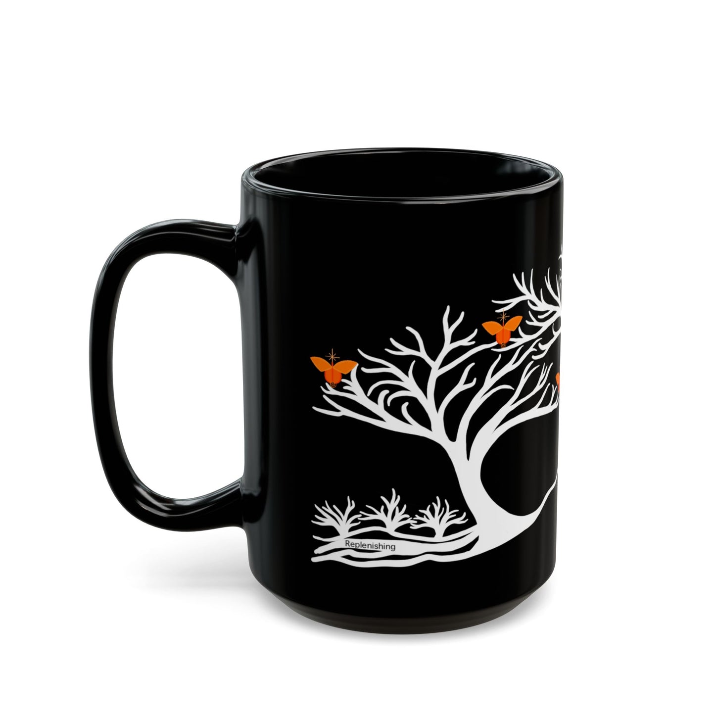 "Replenishing", IMAGINE™ Series, Hand-Drawn Art Print, Black Ceramic Mug—2 of 7 Butterfly Graces Collection—15 oz or 11 oz