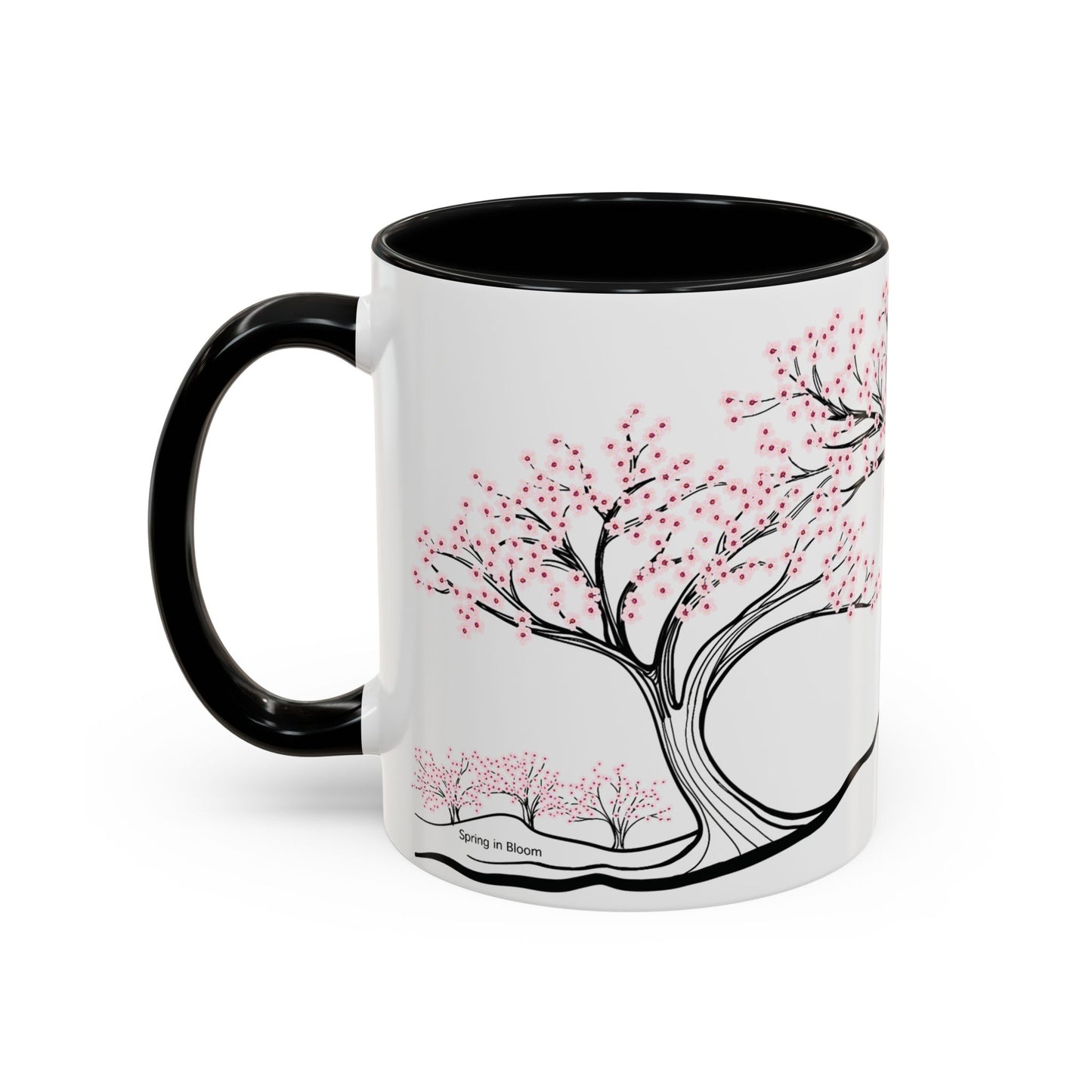 “Spring in Bloom”, IMAGINE™ Series, Hand-Drawn Art Print, White Ceramic Accent Mug—1 of 4 Seasons Collection—15 oz or 11 oz