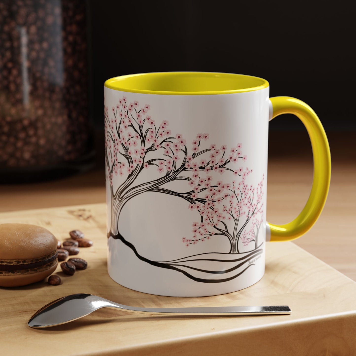 “Spring in Bloom”, IMAGINE™ Series, Hand-Drawn Art Print, White Ceramic Accent Mug—1 of 4 Seasons Collection—15 oz or 11 oz