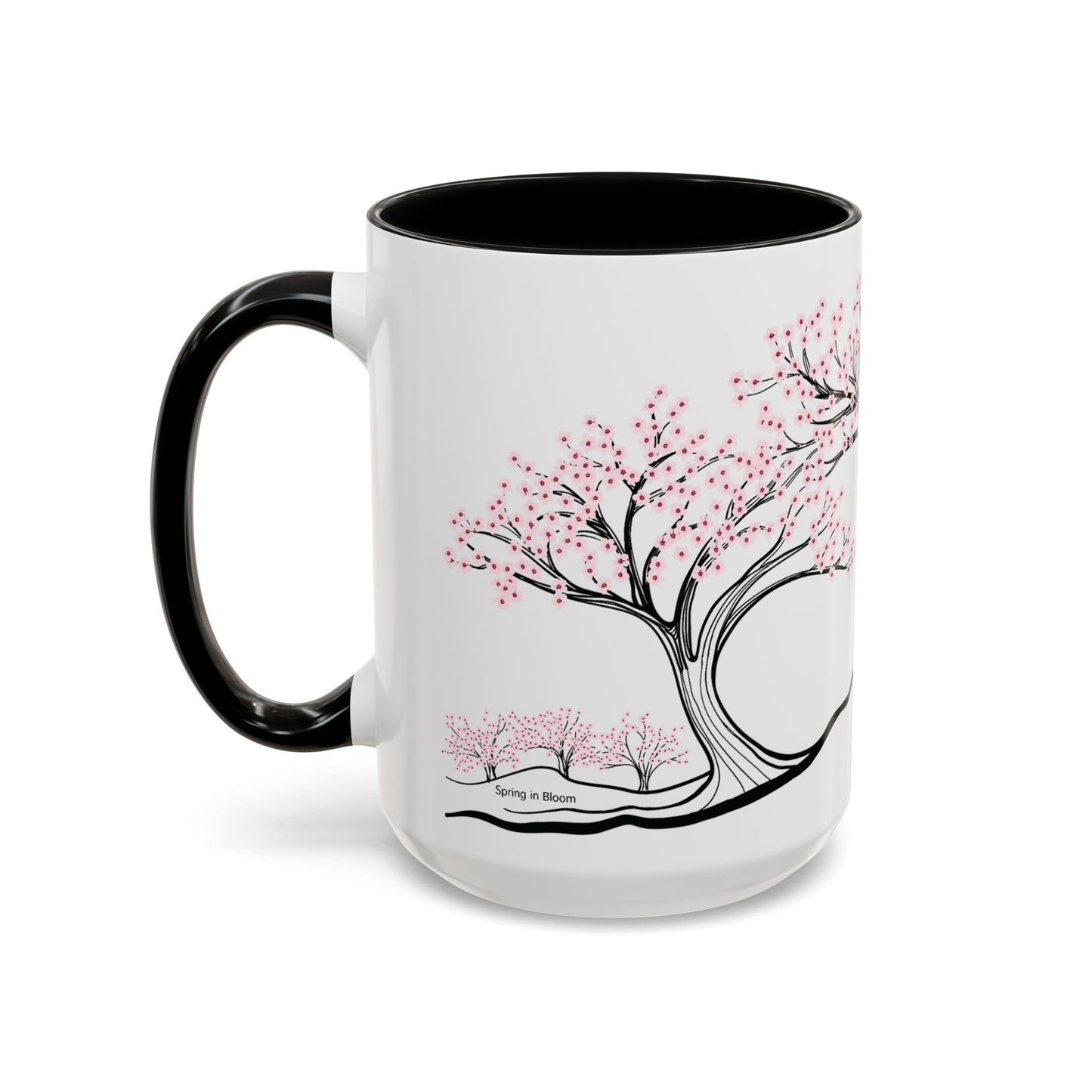 “Spring in Bloom”, IMAGINE™ Series, Hand-Drawn Art Print, White Ceramic Accent Mug—1 of 4 Seasons Collection—15 oz or 11 oz