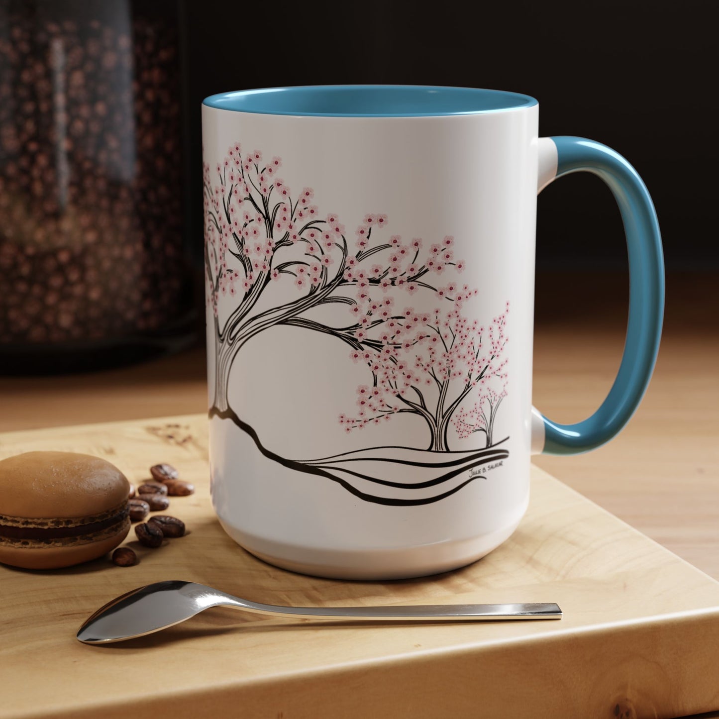 “Spring in Bloom”, IMAGINE™ Series, Hand-Drawn Art Print, White Ceramic Accent Mug—1 of 4 Seasons Collection—15 oz or 11 oz