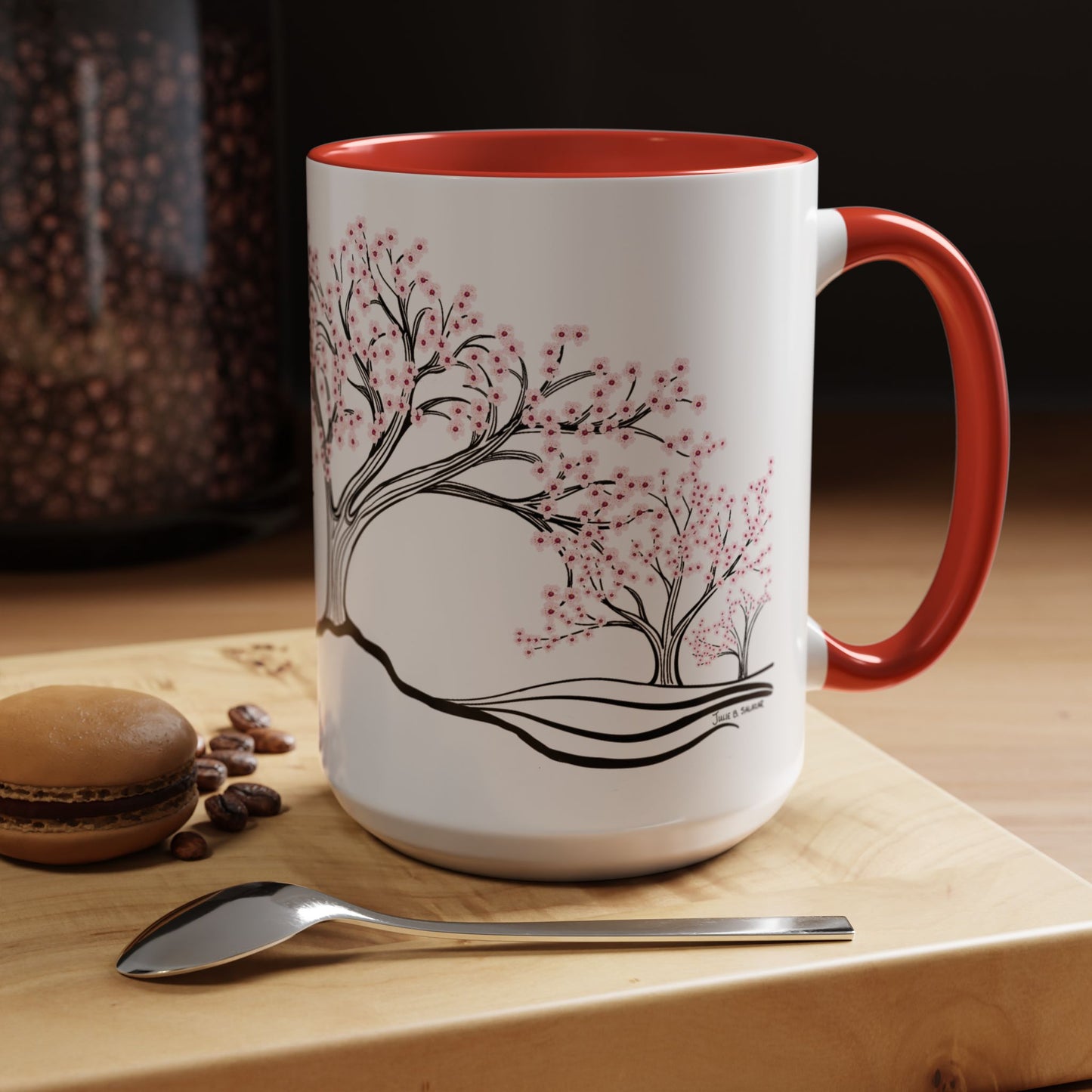 “Spring in Bloom”, IMAGINE™ Series, Hand-Drawn Art Print, White Ceramic Accent Mug—1 of 4 Seasons Collection—15 oz or 11 oz