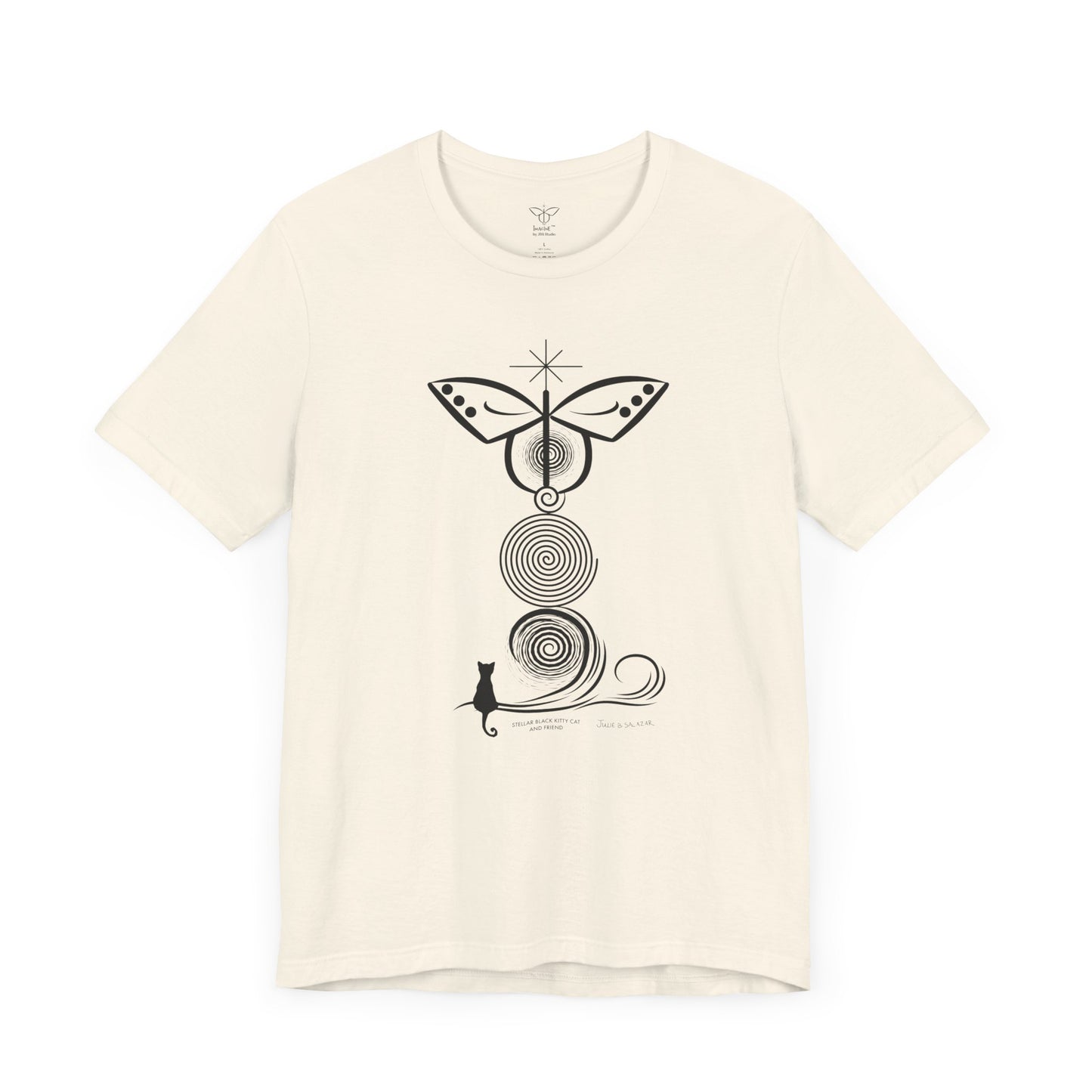 "Stellar Black Kitty Cat And Friend",  IMAGINE™ Series, Hand-Drawn Art Print, Bella+Canvas 3001 Unisex Jersey Short Sleeve Tee