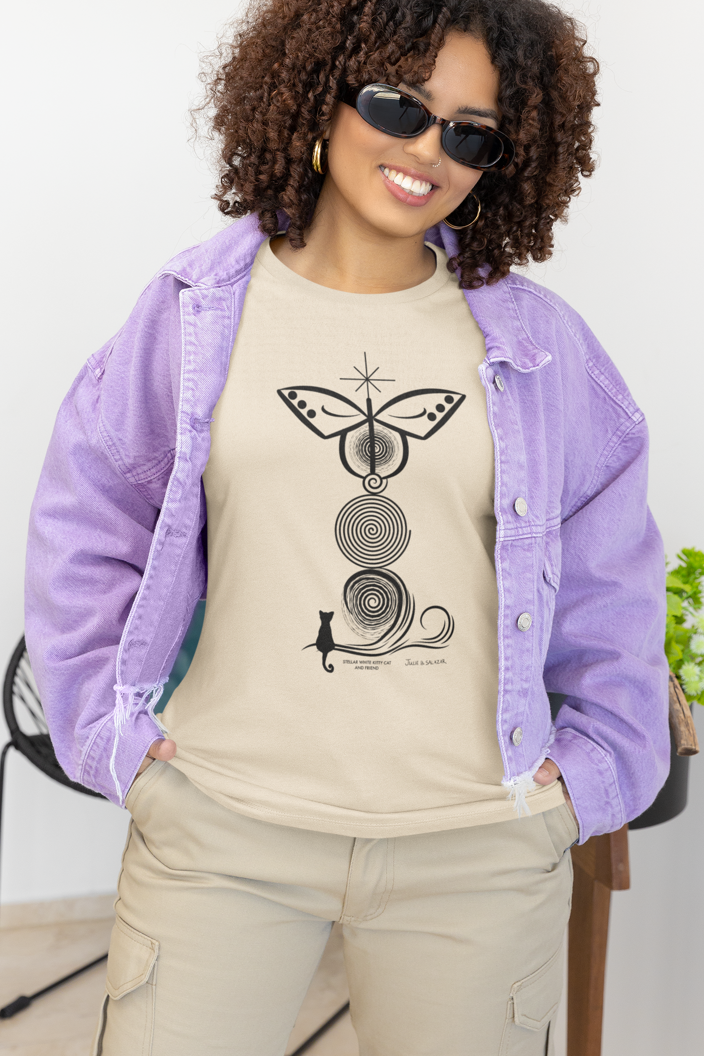 "Stellar Black Kitty Cat And Friend",  IMAGINE™ Series, Hand-Drawn Art Print, Bella+Canvas 3001 Unisex Jersey Short Sleeve Tee