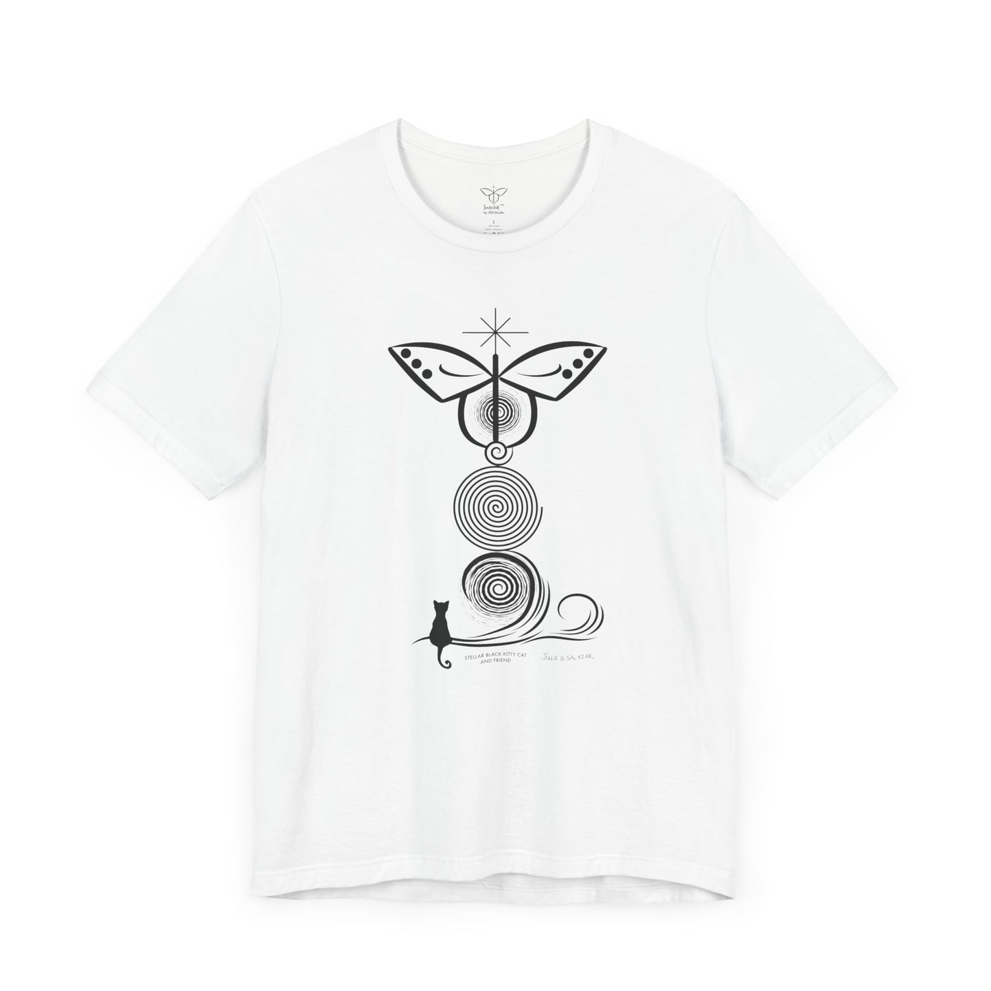 "Stellar Black Kitty Cat And Friend",  IMAGINE™ Series, Hand-Drawn Art Print, Bella+Canvas 3001 Unisex Jersey Short Sleeve Tee