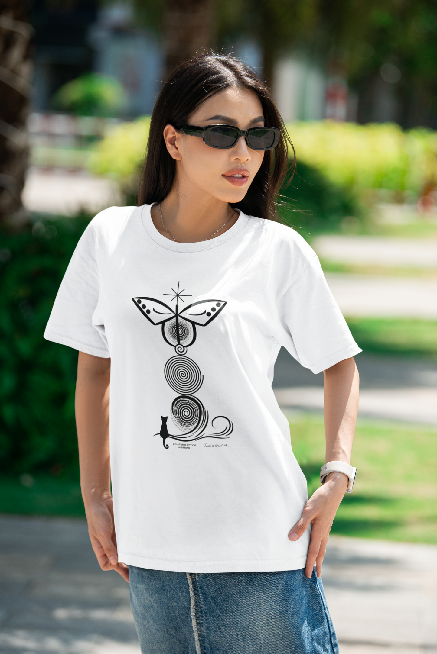 "Stellar Black Kitty Cat And Friend",  IMAGINE™ Series, Hand-Drawn Art Print, Bella+Canvas 3001 Unisex Jersey Short Sleeve Tee