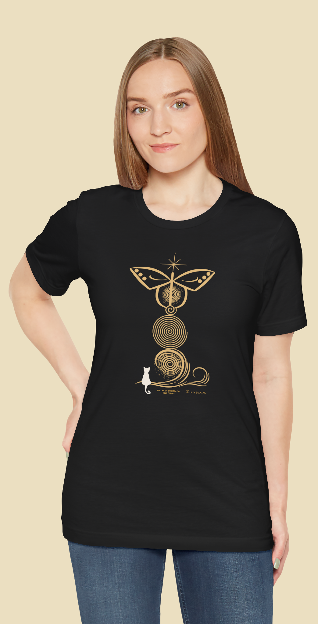 "Stellar White Kitty Cat And Friend", IMAGINE™ Series, Hand-Drawn Art Print, Bella+Canvas 3001 Unisex Jersey Short Sleeve Tee