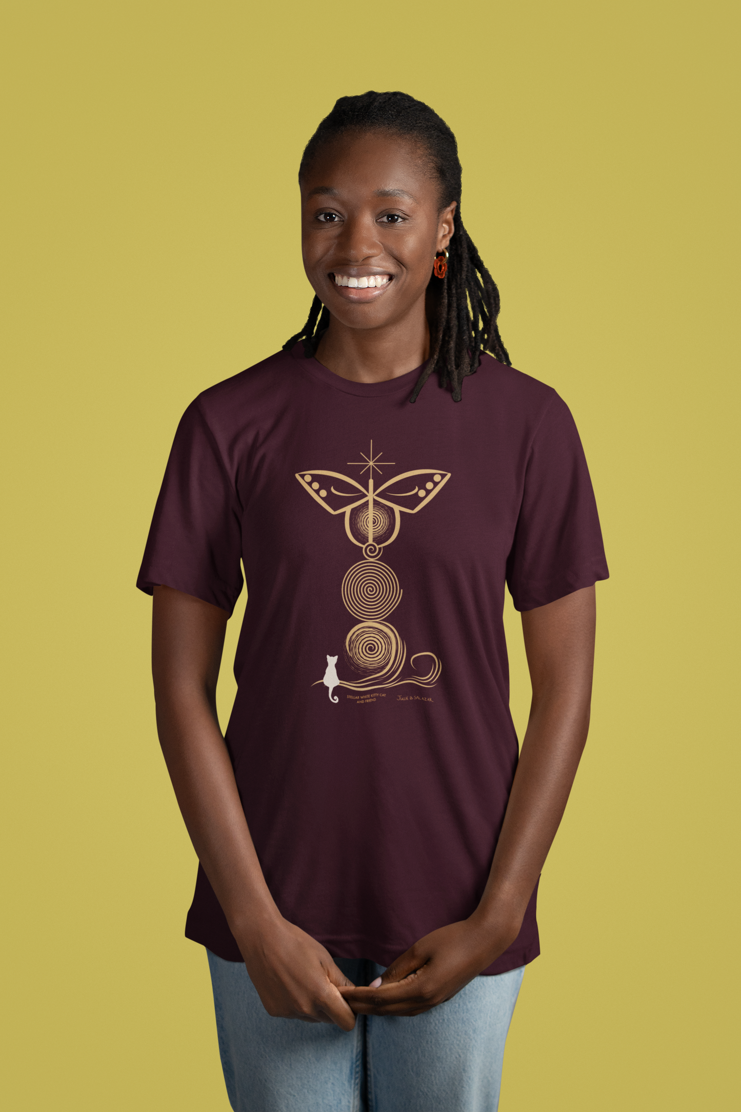 "Stellar White Kitty Cat And Friend", IMAGINE™ Series, Hand-Drawn Art Print, Bella+Canvas 3001 Unisex Jersey Short Sleeve Tee