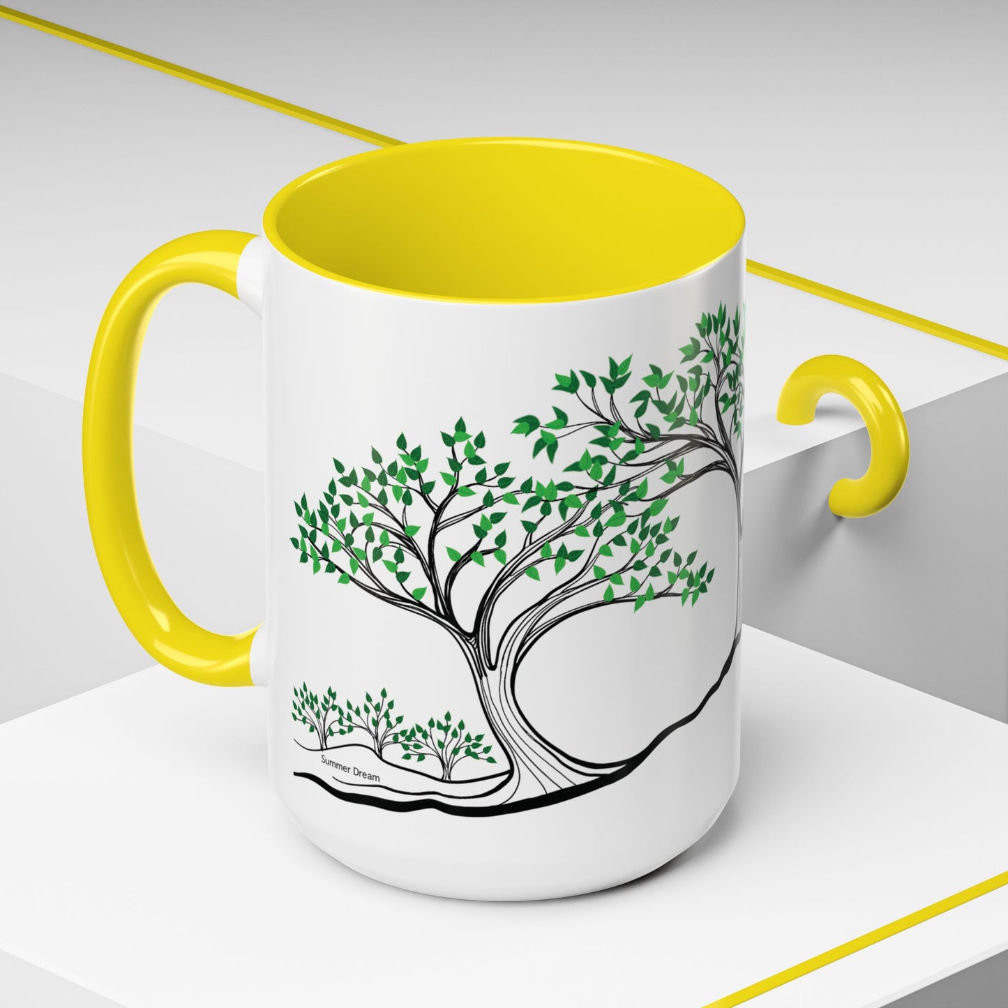 “Summer Dream”, IMAGINE™ Series, Hand-Drawn Art Print, White Ceramic Accent Mug—2 of 4 Seasons Collection—15 oz or 11 oz