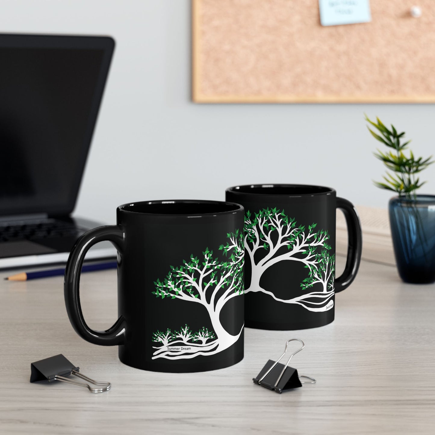 “Summer Dream”, IMAGINE™ Series, Hand-Drawn Art Print, Black Ceramic Mug—2 of 4 Seasons Collection—15 oz or 11 oz