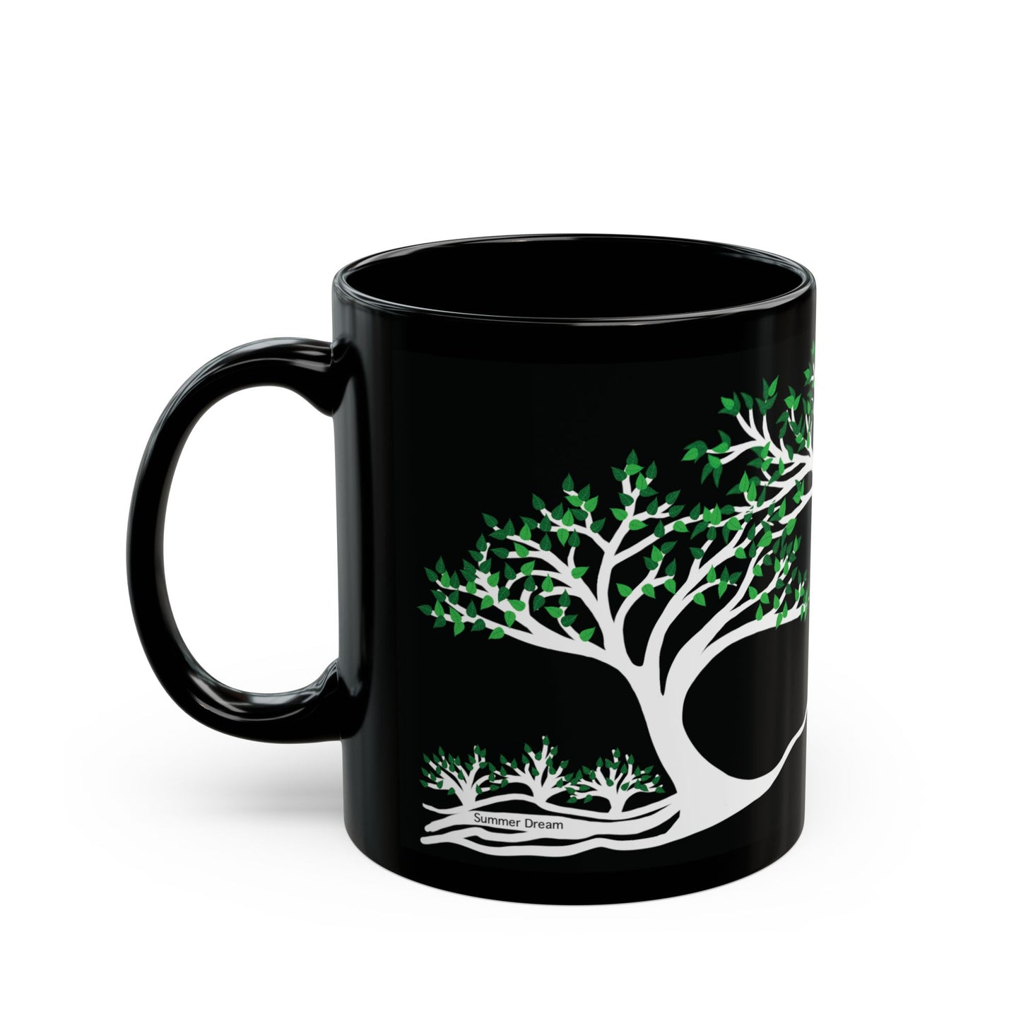 “Summer Dream”, IMAGINE™ Series, Hand-Drawn Art Print, Black Ceramic Mug—2 of 4 Seasons Collection—15 oz or 11 oz