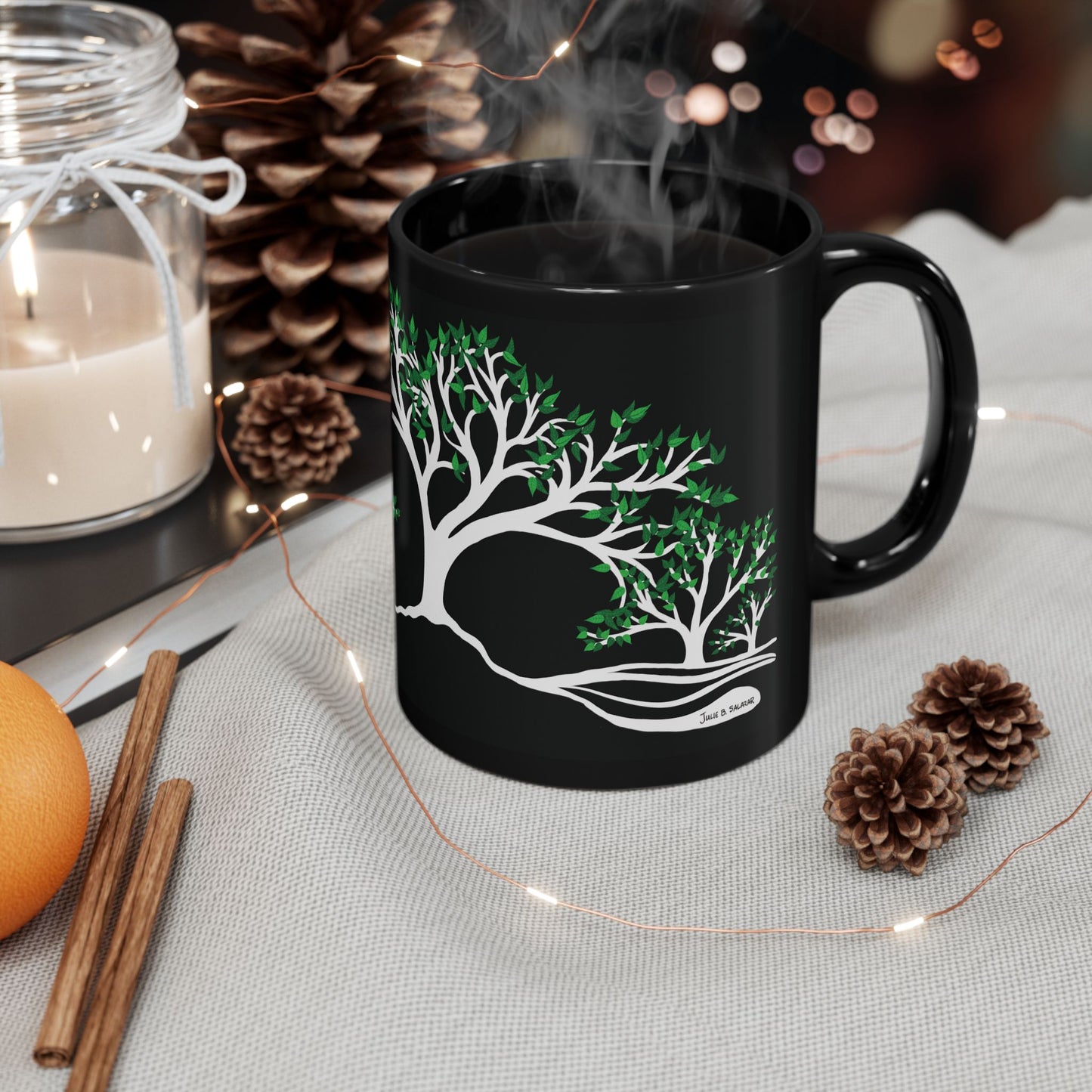 “Summer Dream”, IMAGINE™ Series, Hand-Drawn Art Print, Black Ceramic Mug—2 of 4 Seasons Collection—15 oz or 11 oz
