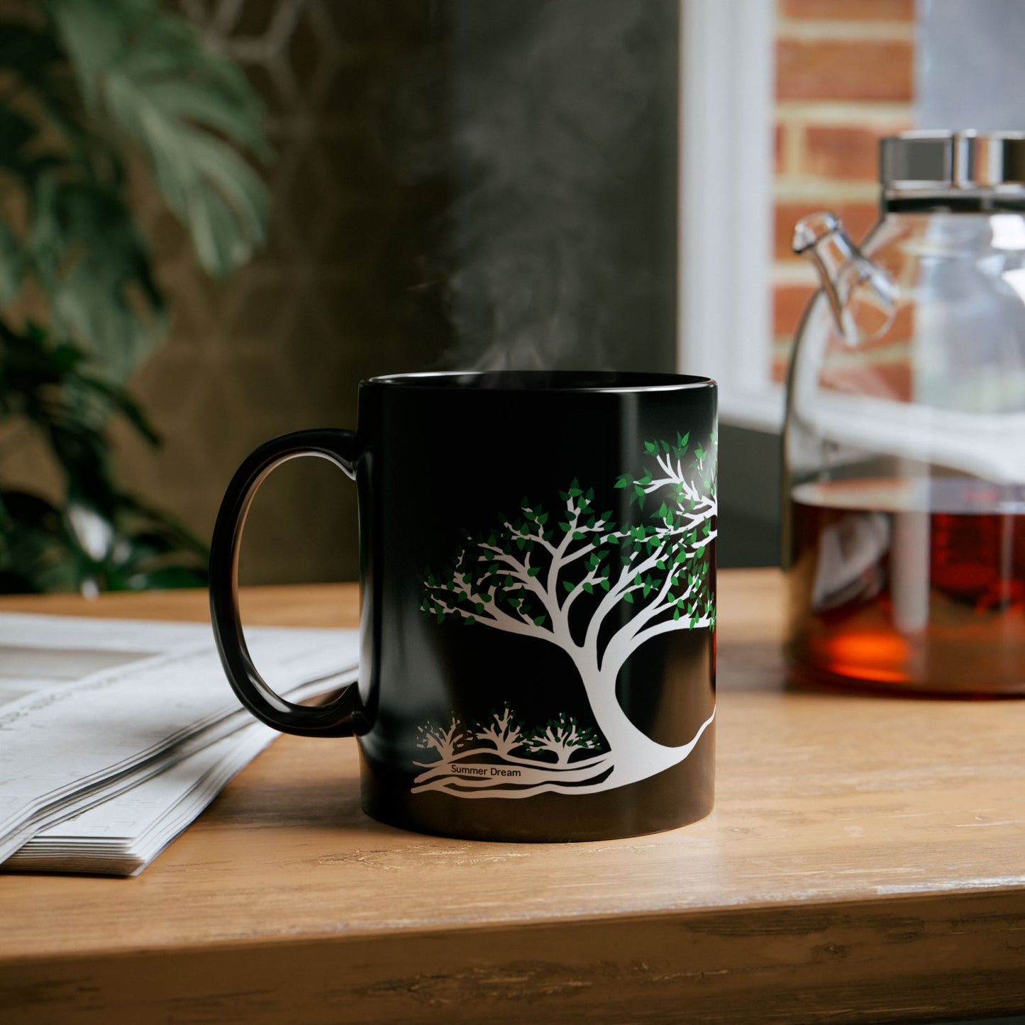 “Summer Dream”, IMAGINE™ Series, Hand-Drawn Art Print, Black Ceramic Mug—2 of 4 Seasons Collection—15 oz or 11 oz