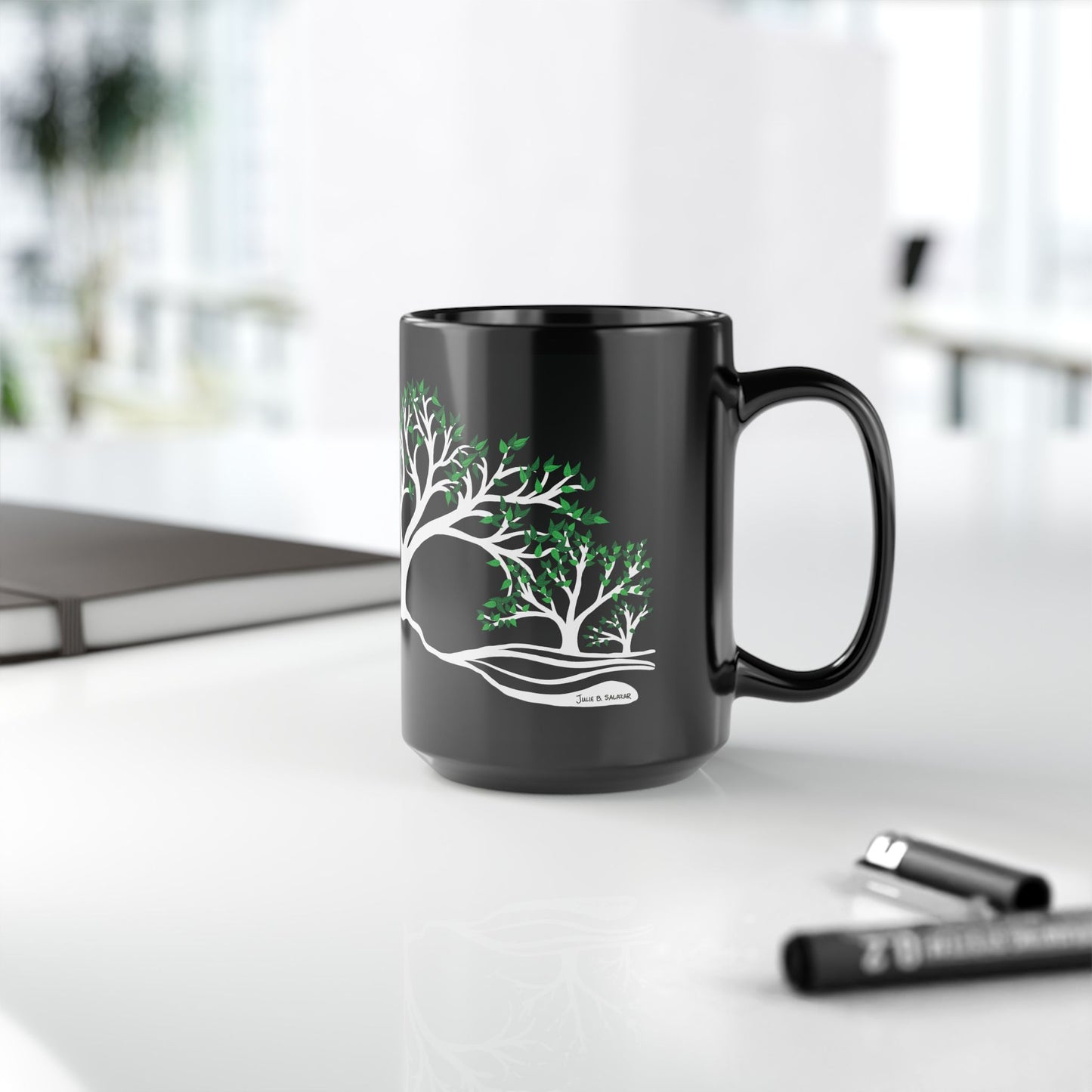 “Summer Dream”, IMAGINE™ Series, Hand-Drawn Art Print, Black Ceramic Mug—2 of 4 Seasons Collection—15 oz or 11 oz