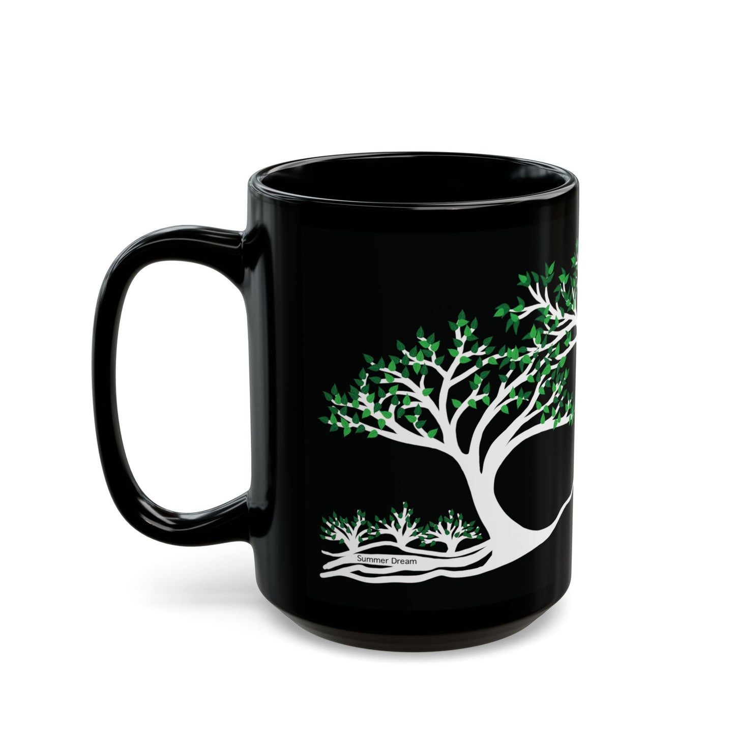 “Summer Dream”, IMAGINE™ Series, Hand-Drawn Art Print, Black Ceramic Mug—2 of 4 Seasons Collection—15 oz or 11 oz