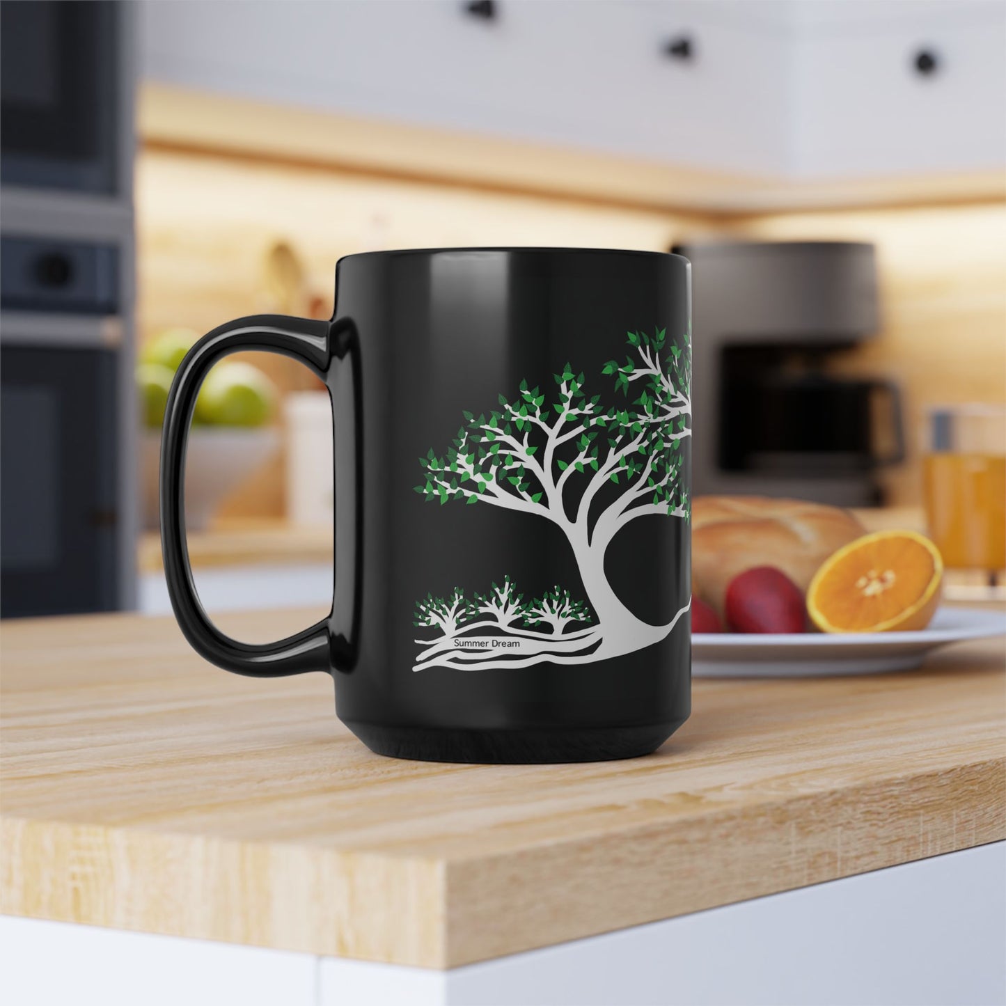 “Summer Dream”, IMAGINE™ Series, Hand-Drawn Art Print, Black Ceramic Mug—2 of 4 Seasons Collection—15 oz or 11 oz