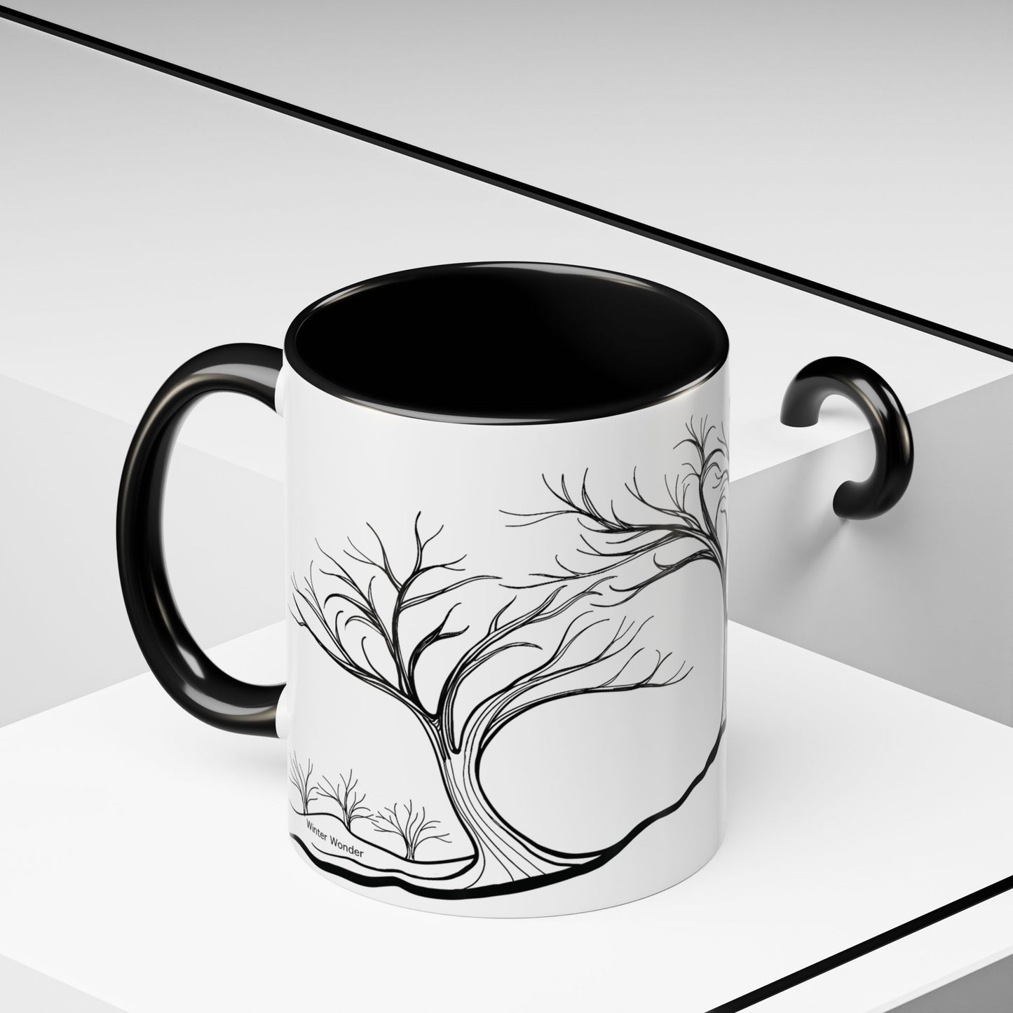 “Winter Wonder”, IMAGINE™ Series, Hand-Drawn Art Print, White Ceramic Accent Mug—4 of 4 Seasons Collection—15 oz or 11 oz