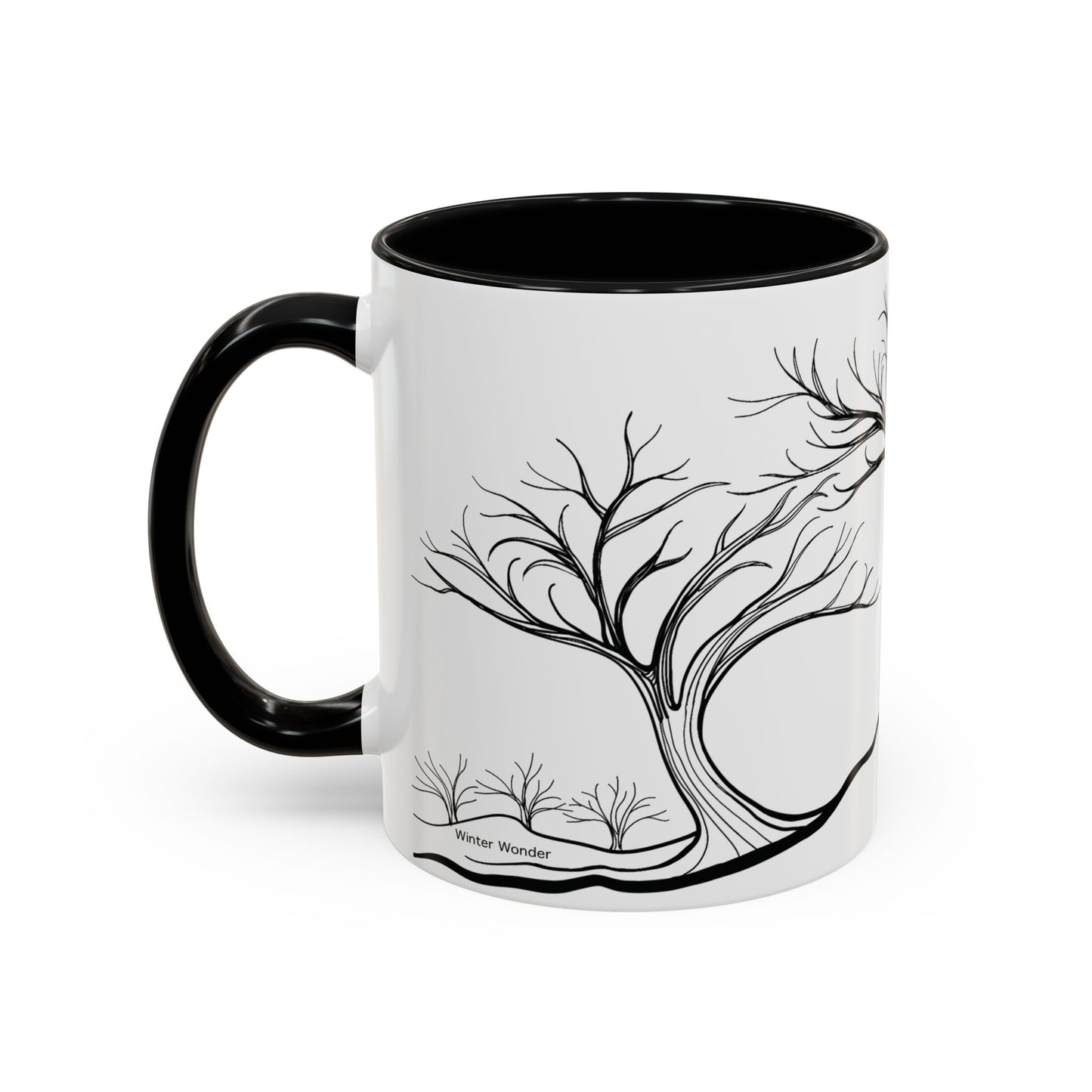 “Winter Wonder”, IMAGINE™ Series, Hand-Drawn Art Print, White Ceramic Accent Mug—4 of 4 Seasons Collection—15 oz or 11 oz