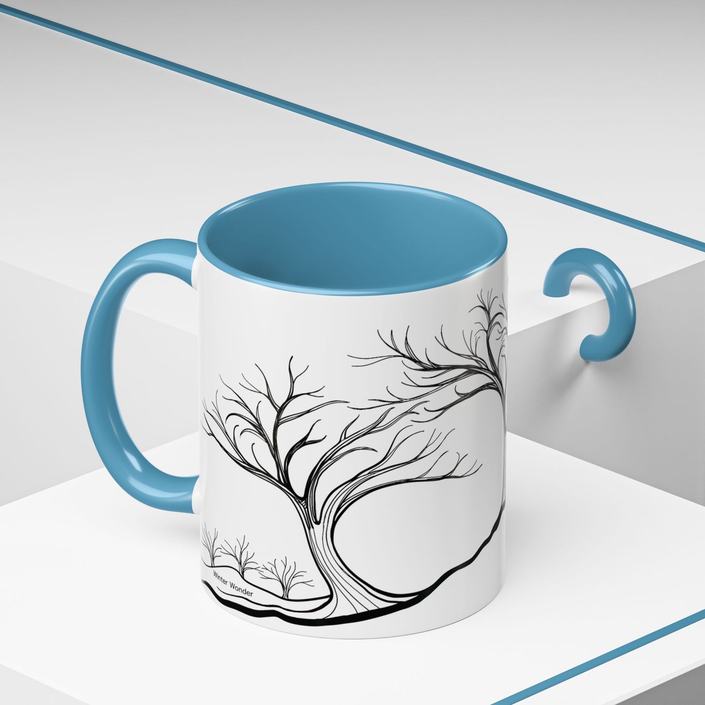 “Winter Wonder”, IMAGINE™ Series, Hand-Drawn Art Print, White Ceramic Accent Mug—4 of 4 Seasons Collection—15 oz or 11 oz