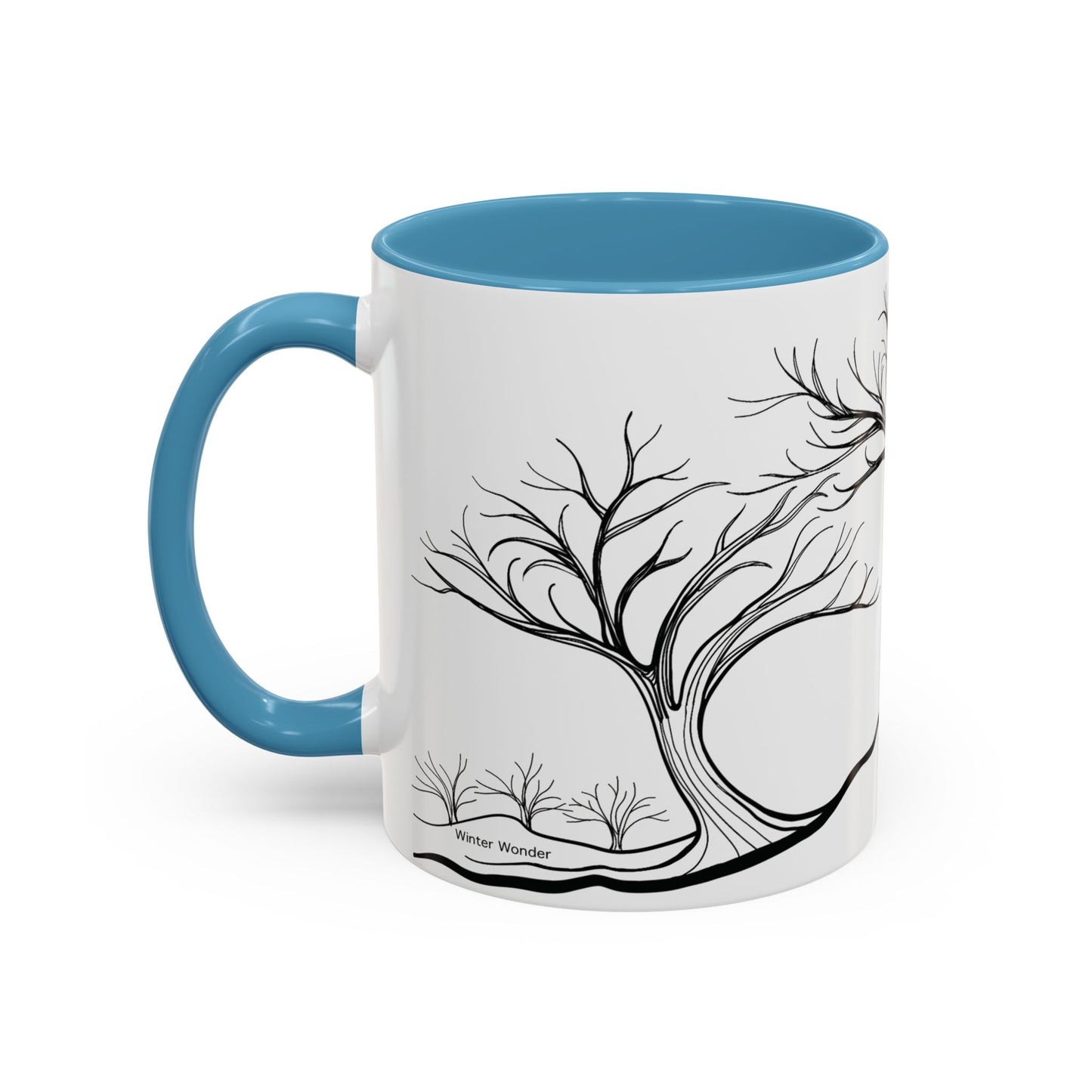 “Winter Wonder”, IMAGINE™ Series, Hand-Drawn Art Print, White Ceramic Accent Mug—4 of 4 Seasons Collection—15 oz or 11 oz