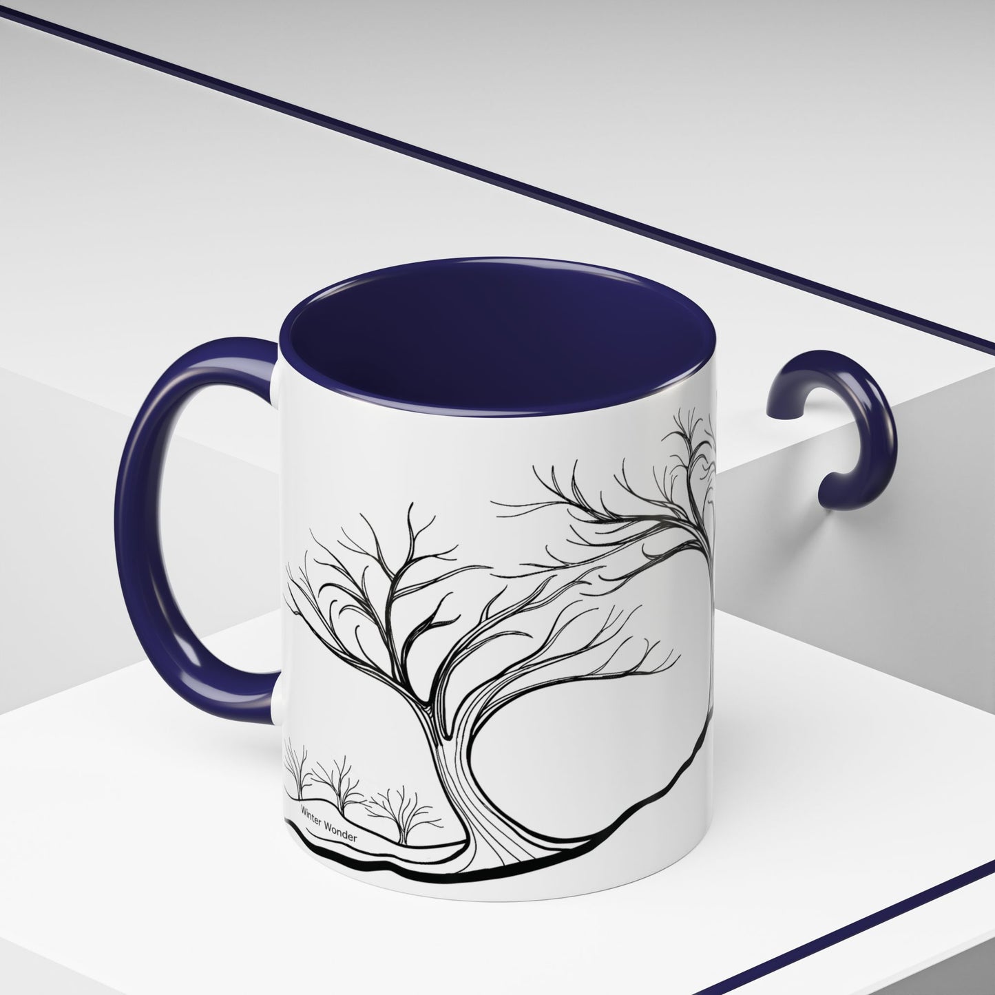 “Winter Wonder”, IMAGINE™ Series, Hand-Drawn Art Print, White Ceramic Accent Mug—4 of 4 Seasons Collection—15 oz or 11 oz