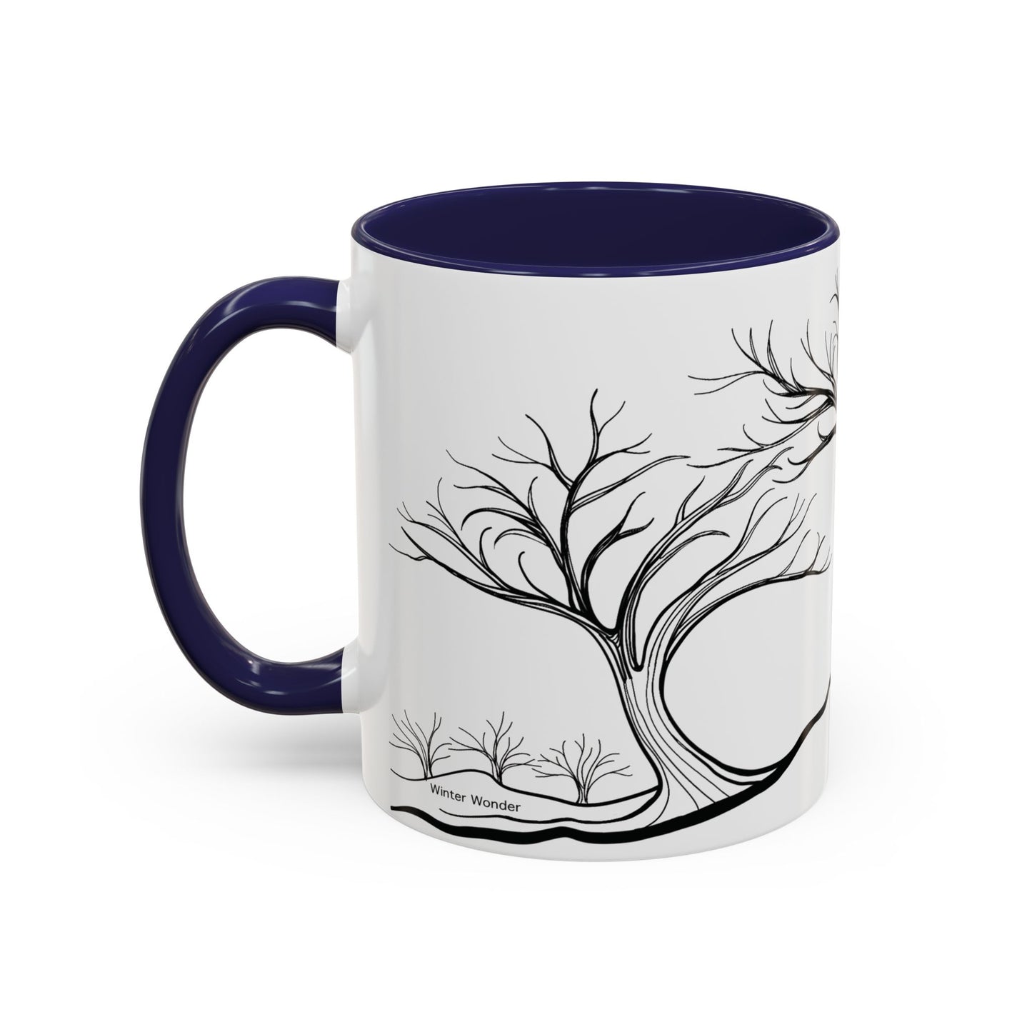 “Winter Wonder”, IMAGINE™ Series, Hand-Drawn Art Print, White Ceramic Accent Mug—4 of 4 Seasons Collection—15 oz or 11 oz