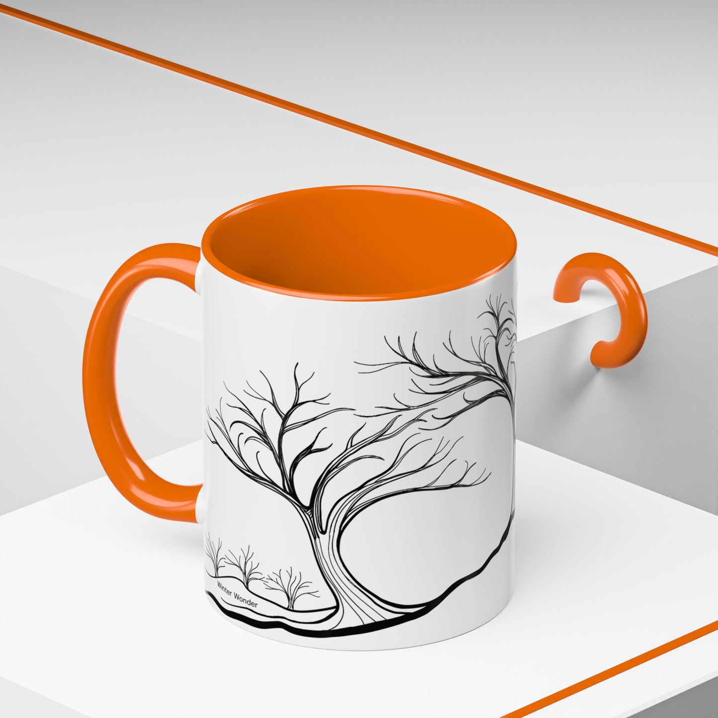 “Winter Wonder”, IMAGINE™ Series, Hand-Drawn Art Print, White Ceramic Accent Mug—4 of 4 Seasons Collection—15 oz or 11 oz