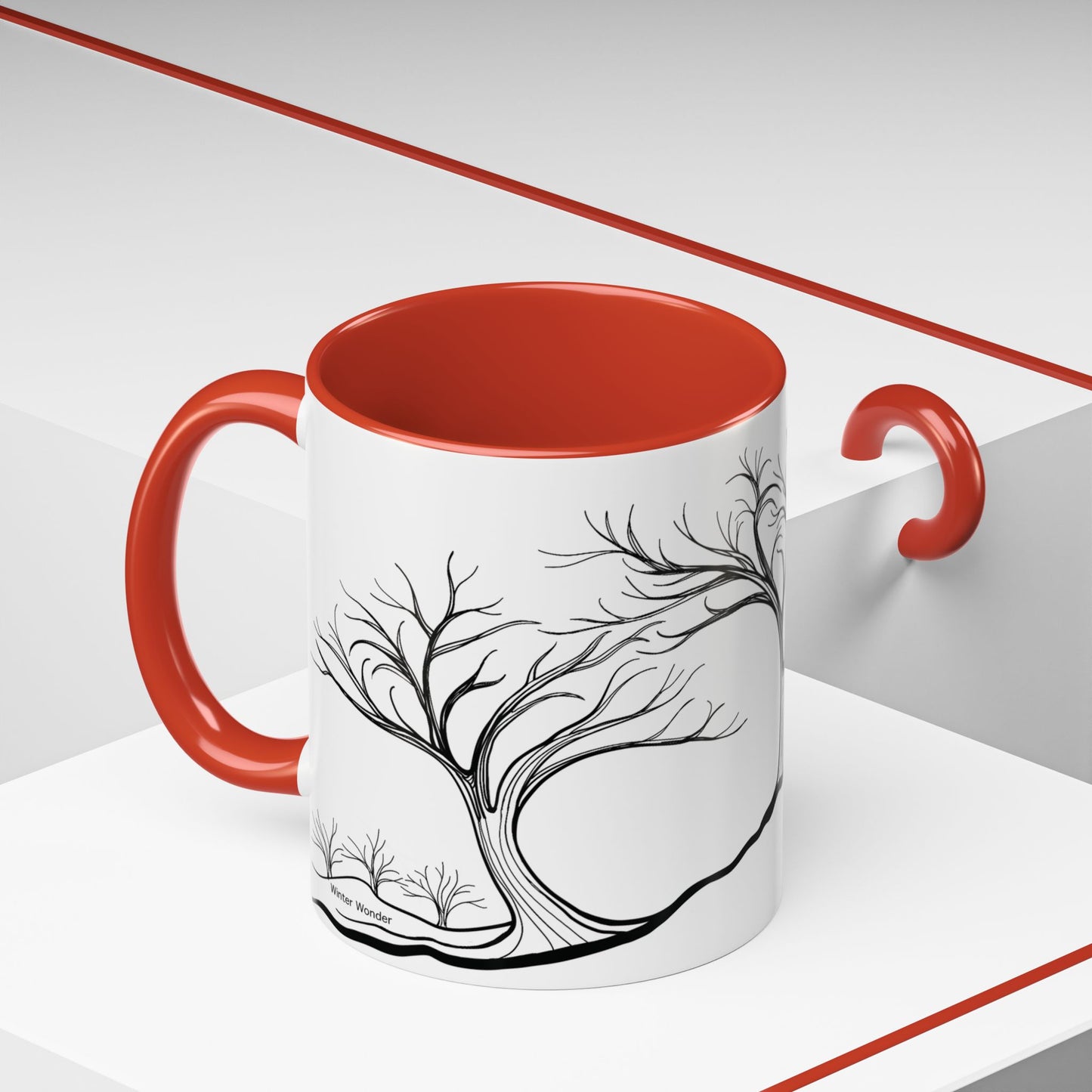 “Winter Wonder”, IMAGINE™ Series, Hand-Drawn Art Print, White Ceramic Accent Mug—4 of 4 Seasons Collection—15 oz or 11 oz