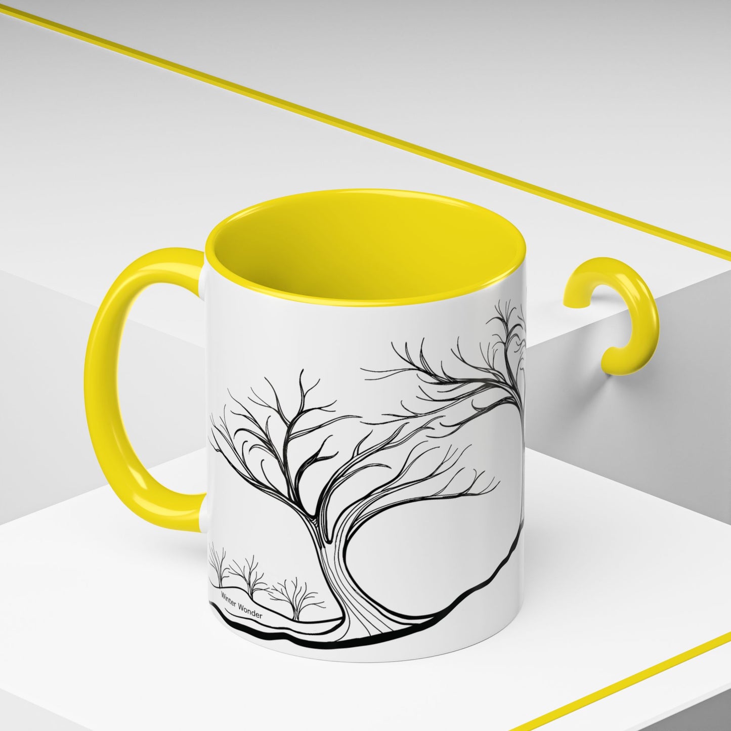 “Winter Wonder”, IMAGINE™ Series, Hand-Drawn Art Print, White Ceramic Accent Mug—4 of 4 Seasons Collection—15 oz or 11 oz