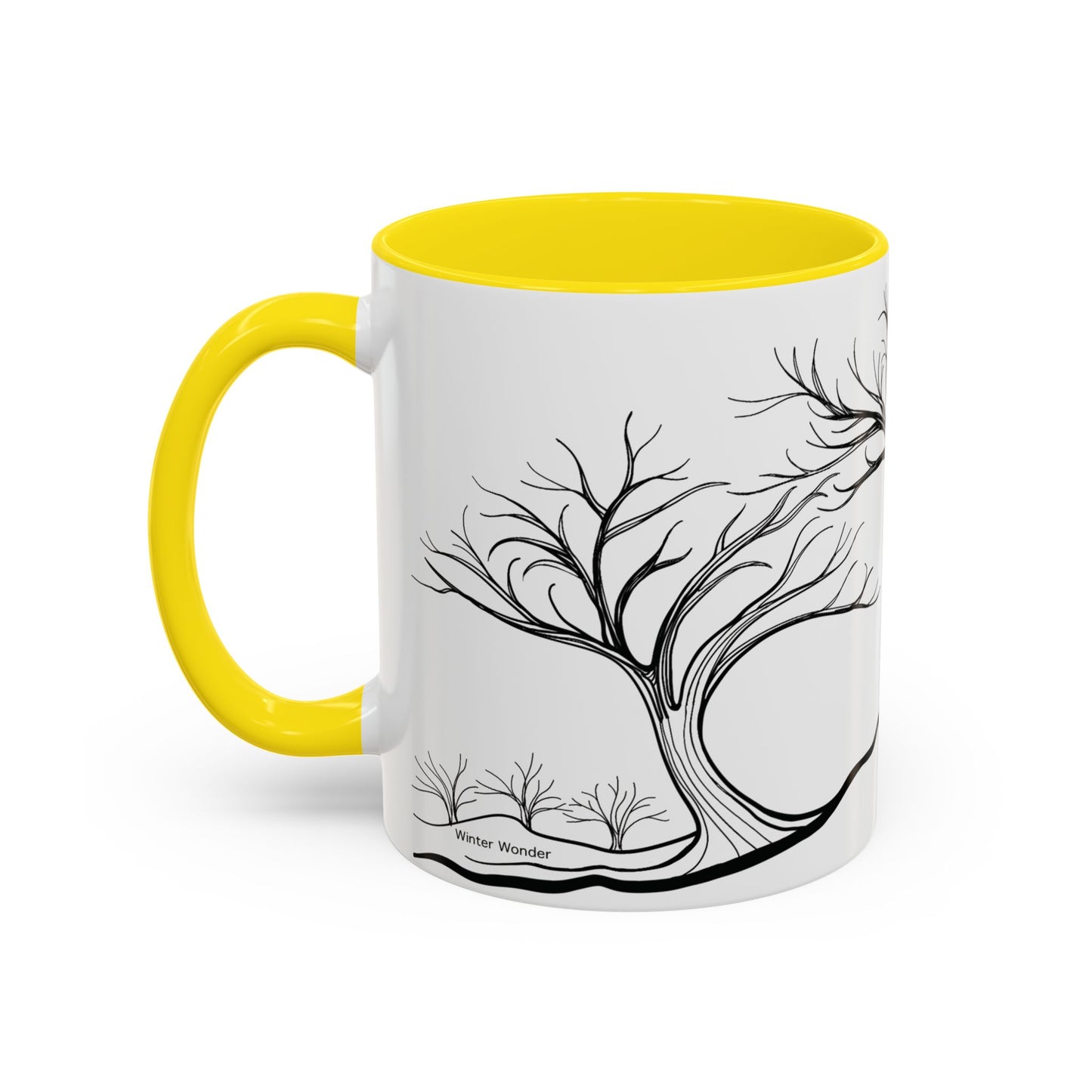 “Winter Wonder”, IMAGINE™ Series, Hand-Drawn Art Print, White Ceramic Accent Mug—4 of 4 Seasons Collection—15 oz or 11 oz