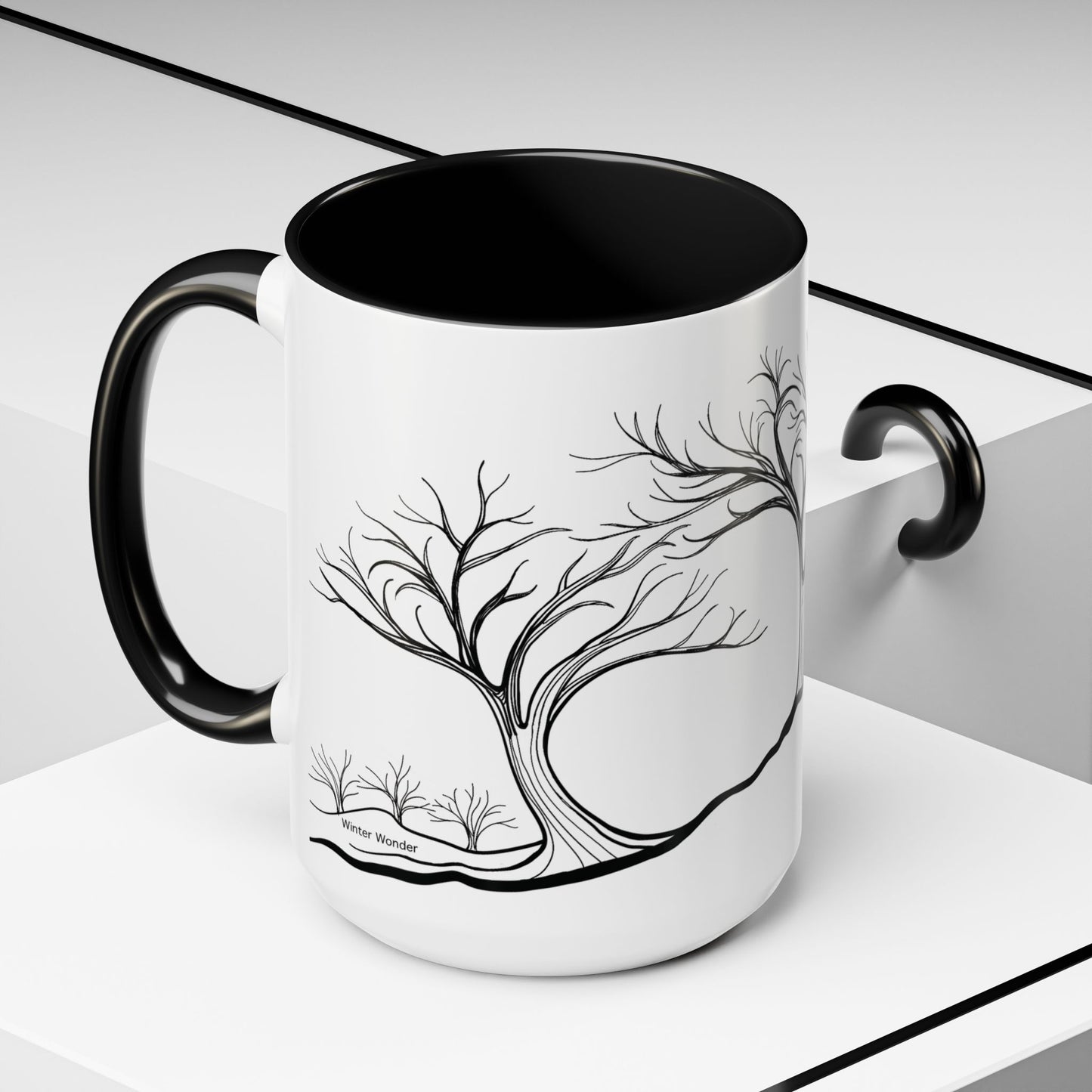 “Winter Wonder”, IMAGINE™ Series, Hand-Drawn Art Print, White Ceramic Accent Mug—4 of 4 Seasons Collection—15 oz or 11 oz