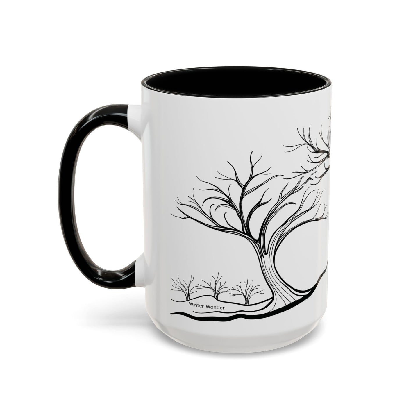 “Winter Wonder”, IMAGINE™ Series, Hand-Drawn Art Print, White Ceramic Accent Mug—4 of 4 Seasons Collection—15 oz or 11 oz