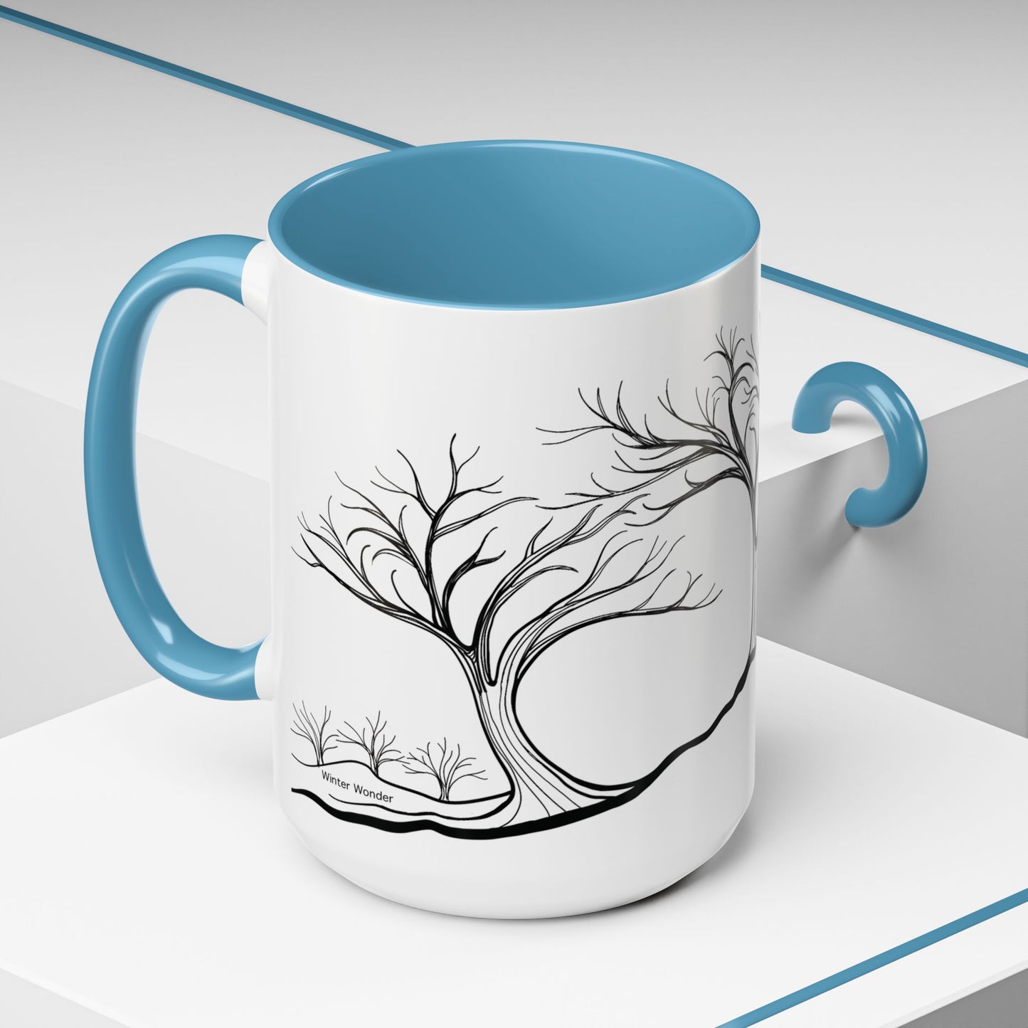 “Winter Wonder”, IMAGINE™ Series, Hand-Drawn Art Print, White Ceramic Accent Mug—4 of 4 Seasons Collection—15 oz or 11 oz