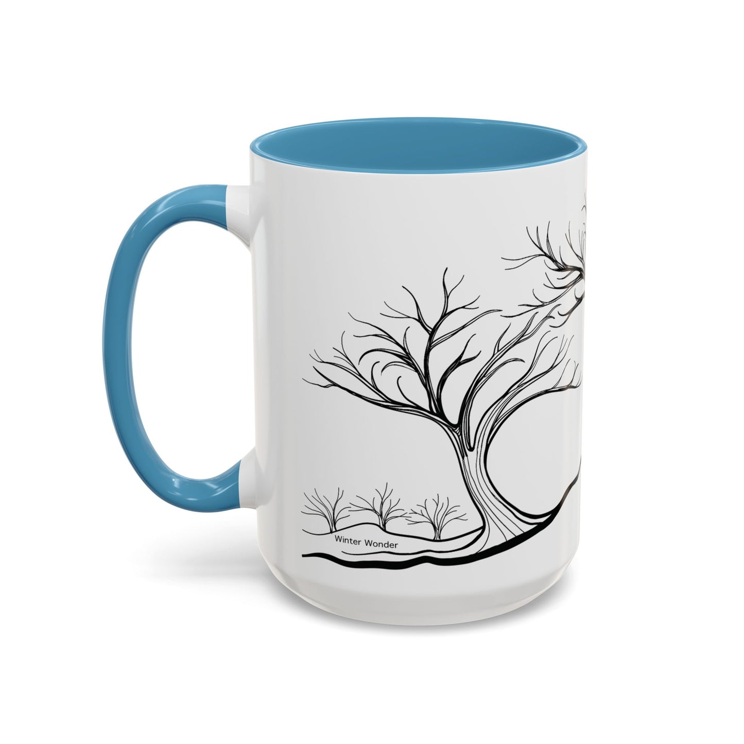 “Winter Wonder”, IMAGINE™ Series, Hand-Drawn Art Print, White Ceramic Accent Mug—4 of 4 Seasons Collection—15 oz or 11 oz