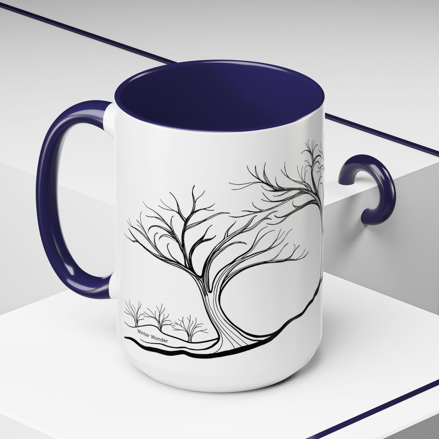“Winter Wonder”, IMAGINE™ Series, Hand-Drawn Art Print, White Ceramic Accent Mug—4 of 4 Seasons Collection—15 oz or 11 oz