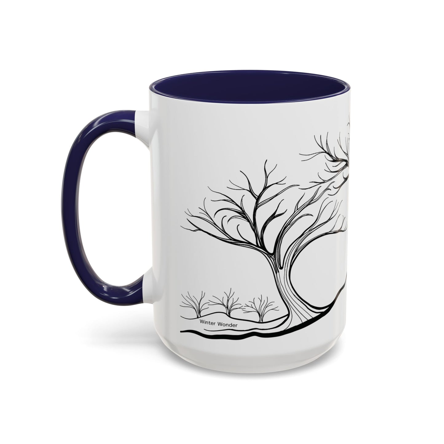 “Winter Wonder”, IMAGINE™ Series, Hand-Drawn Art Print, White Ceramic Accent Mug—4 of 4 Seasons Collection—15 oz or 11 oz