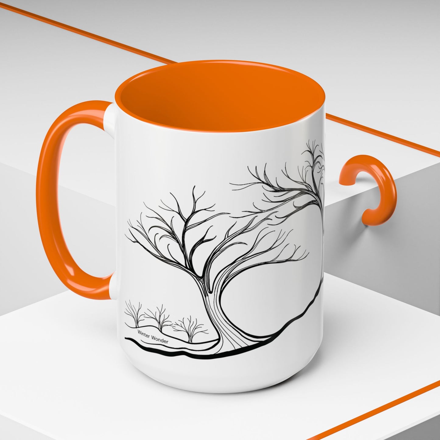 “Winter Wonder”, IMAGINE™ Series, Hand-Drawn Art Print, White Ceramic Accent Mug—4 of 4 Seasons Collection—15 oz or 11 oz