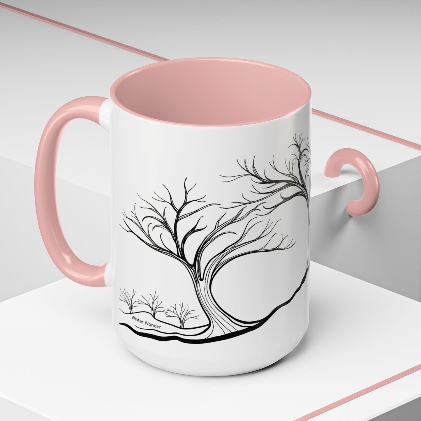 “Winter Wonder”, IMAGINE™ Series, Hand-Drawn Art Print, White Ceramic Accent Mug—4 of 4 Seasons Collection—15 oz or 11 oz