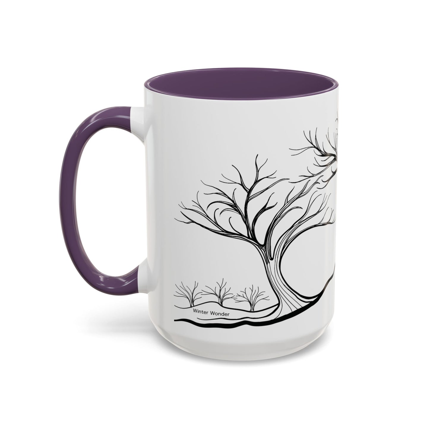 “Winter Wonder”, IMAGINE™ Series, Hand-Drawn Art Print, White Ceramic Accent Mug—4 of 4 Seasons Collection—15 oz or 11 oz